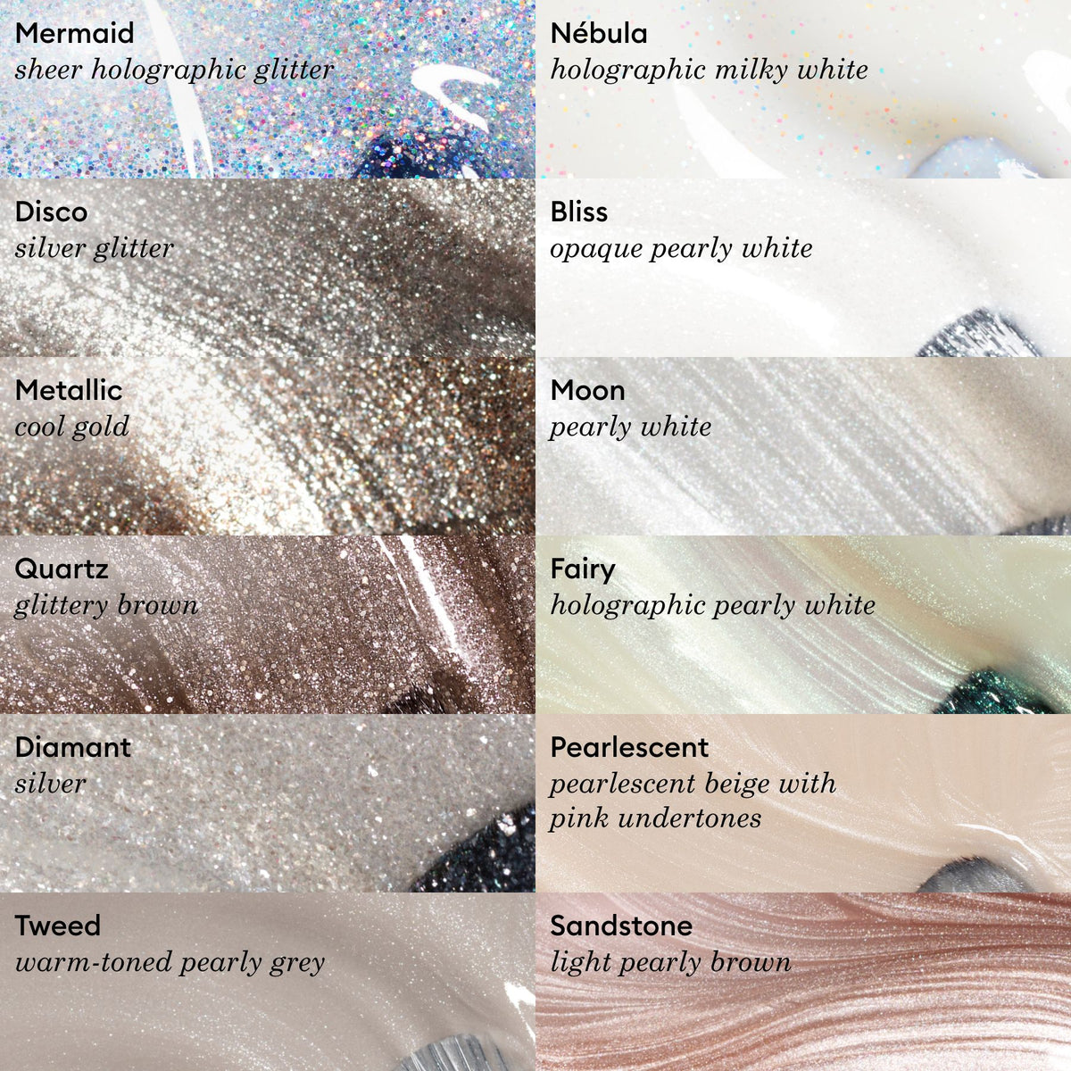 A grid displays eight Manucurist Moon nail polish swatches: holographic glitters, silver, gold, Green Flash gel, pearly white gel, pink undertones, glittery brown, and warm pearl grey—each labeled with its name.