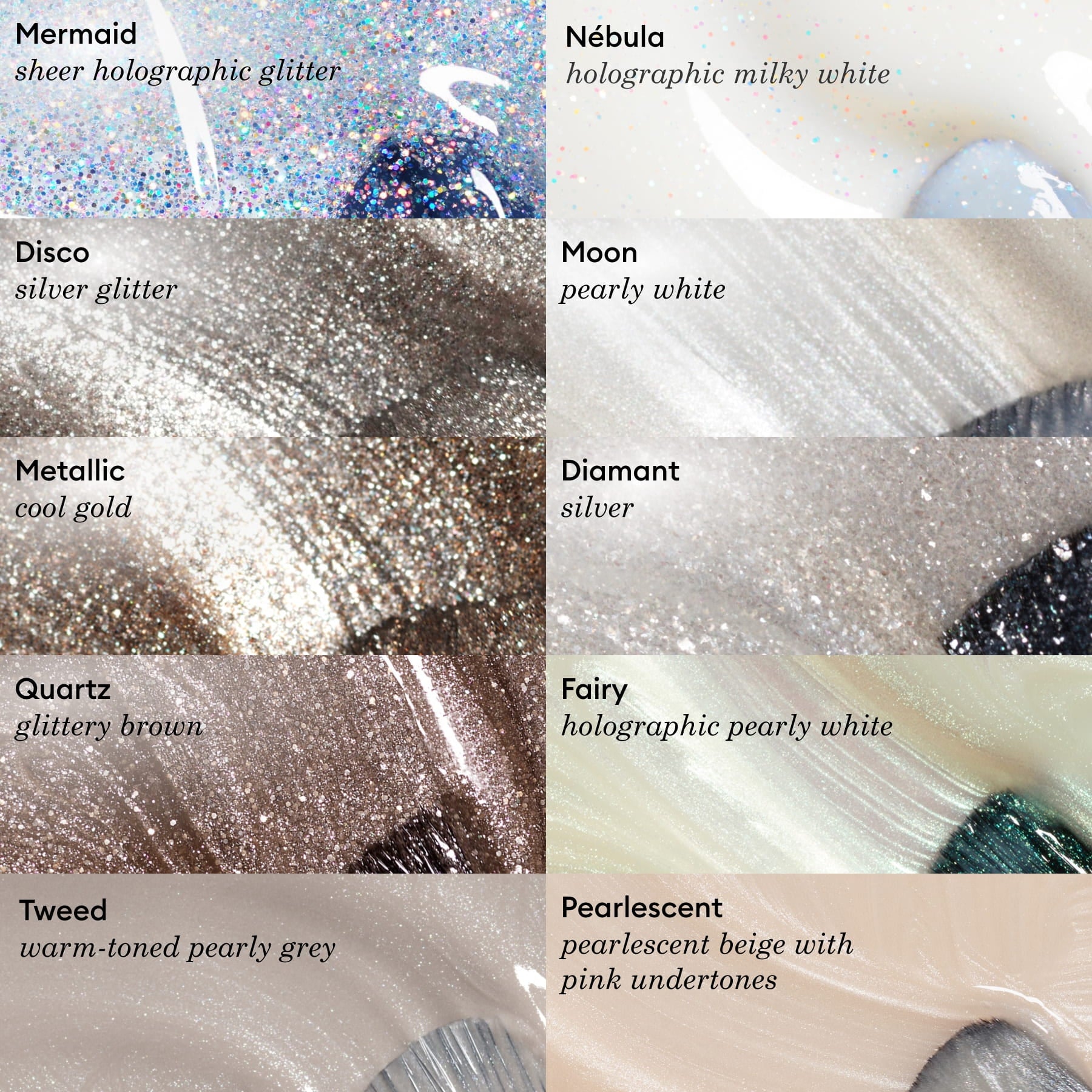 A grid displays eight Manucurist Moon nail polish swatches: holographic glitters, silver, gold, Green Flash gel, pearly white gel, pink undertones, glittery brown, and warm pearl grey—each labeled with its name.