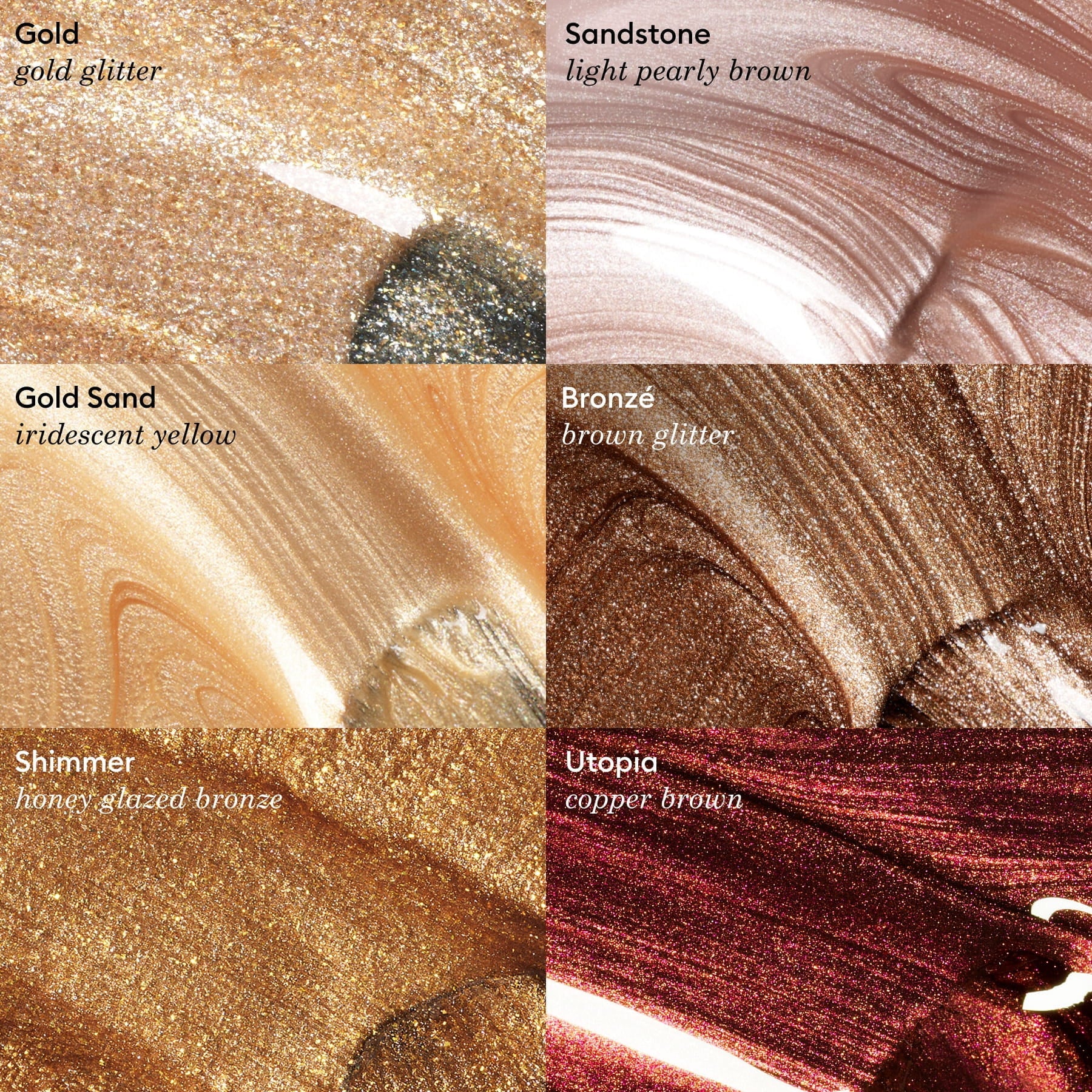 Six close-up swatches of shimmery makeup shades labeled Gold, Sandstone, Gold Sand, Bronze, Shimmer, and Utopia showcase glittery gold, brown, copper, and bronze tones with varied textures—perfect for pairing with your favorite Manucurist Sandstone nail polish for a coordinated look.