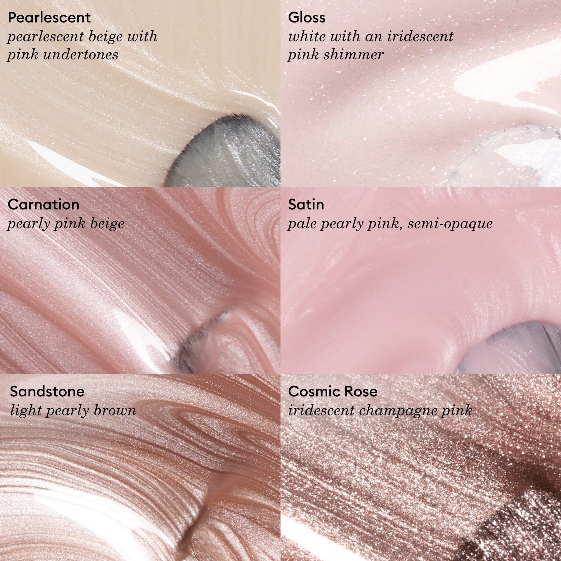 Six swatches of Manucurist’s Sandstone collection feature shimmery nail polish in beige and pink shades, including a luxe latte brown, each labeled as Pearlescent, Gloss, Carnation, Satin, Sandstone, and Cosmic Rose—showcasing various finishes and undertones.
