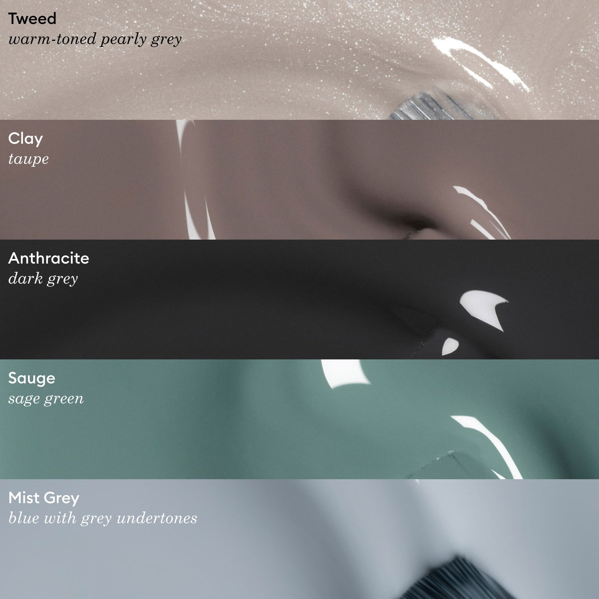 Five nail polish swatches from Manucurist’s Green™ range—Tweed (pearly grey), Clay (taupe), Anthracite (chestnut gray), Sauge (sage green), and Mist Grey (blue-grey)—each with a glossy finish, are shown in horizontal bands.