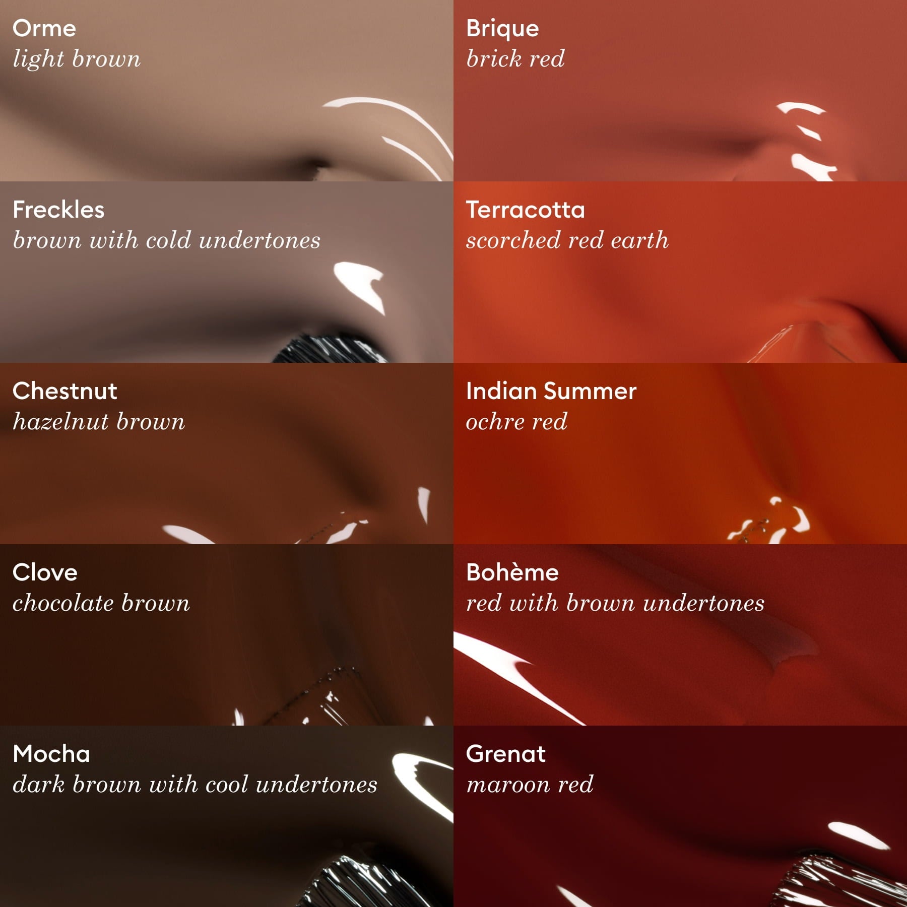 A grid of eight Manucurist paint swatches in brown and red tones, including Terracotta, each labeled with its name and description—ranging from light brown and ochre red to chocolate brown and brick red.