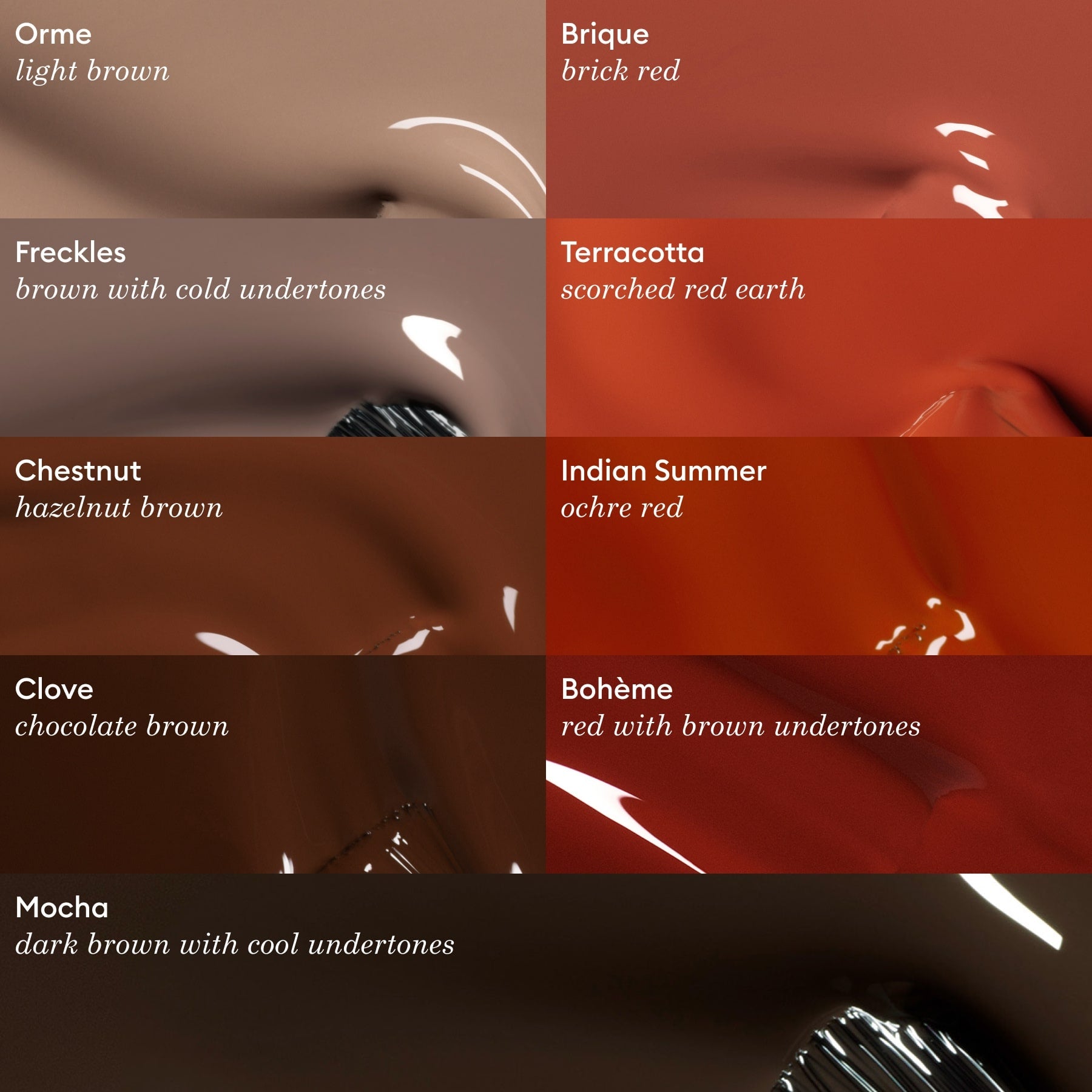 Eight paint swatches labeled with names: Orme, Brique, Freckles, Terracotta, Chestnut, Indian Summer, Clove, Bohème, and Grenat from Manucurist; each includes a brief description and features a unique brown or earthy red shade inspired by the Green™ range.