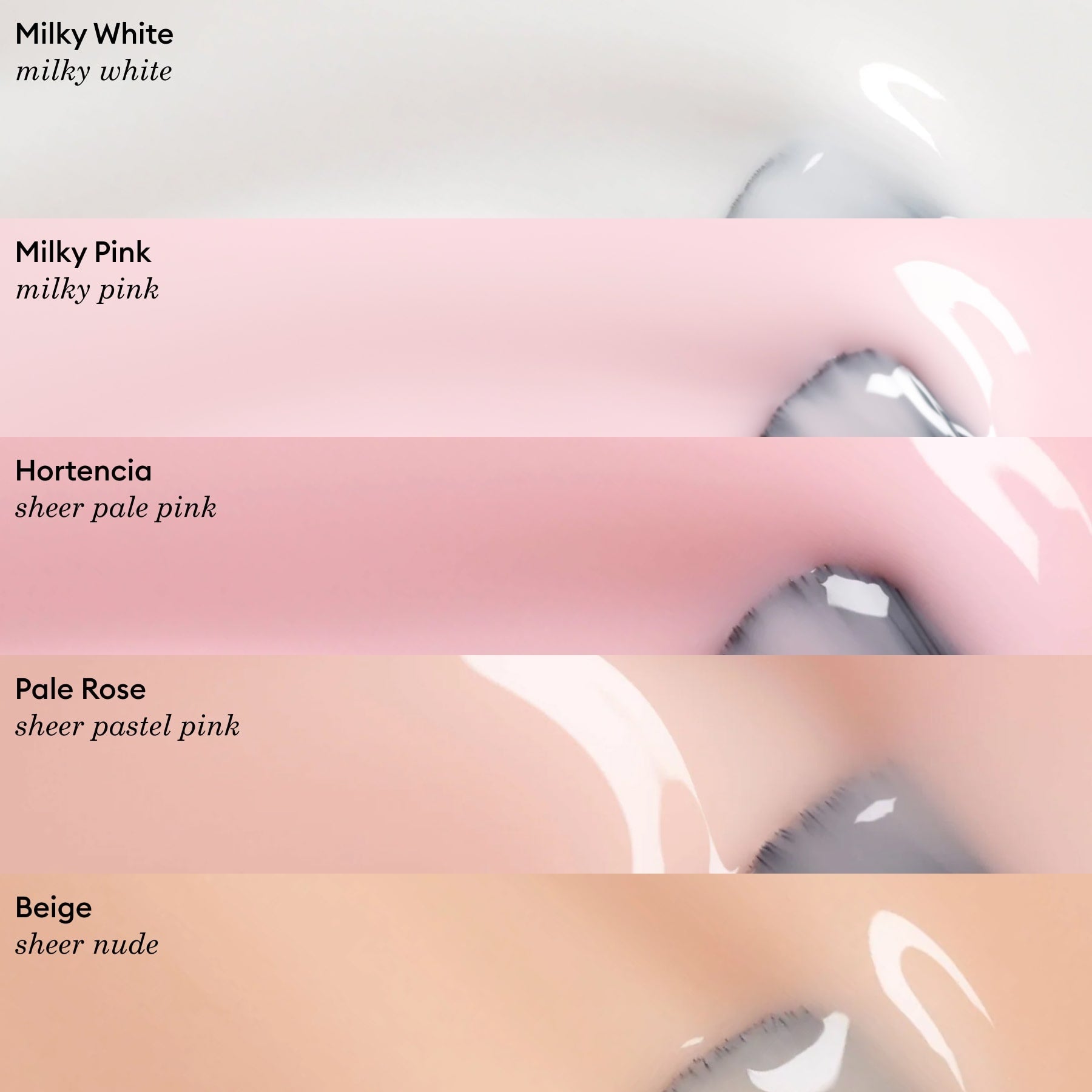 Five swatches of Manucurist Green™ nail polish—milky white, milky pink, Hortencia (sheer pale pink), Pale Rose (soft sheer rose), and Beige (sheer nude)—are shown labeled on glossy nails.