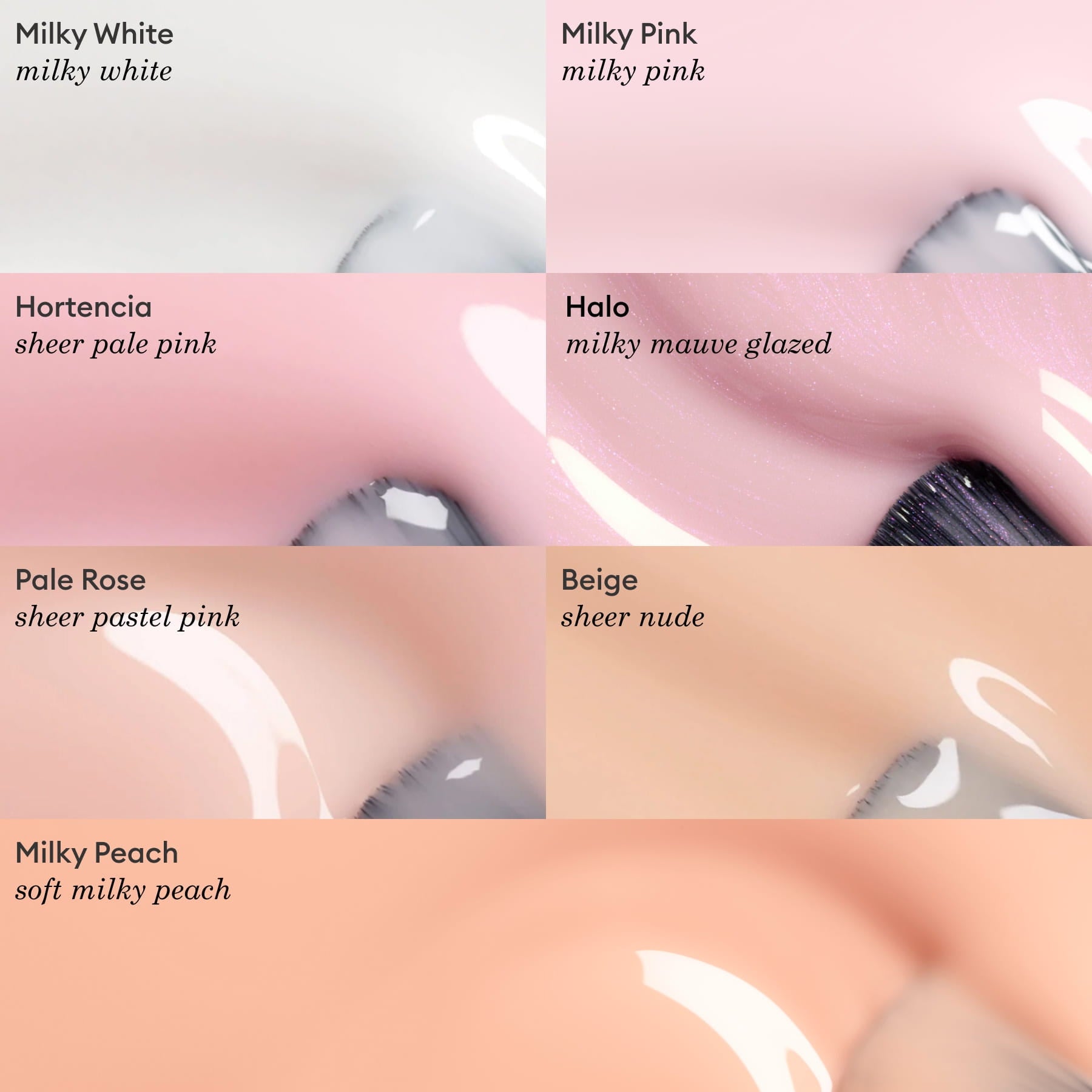 Five swatches of Manucurist Green™ nail polish—milky white, milky pink, Hortencia (sheer pale pink), Pale Rose (soft sheer rose), and Beige (sheer nude)—are shown labeled on glossy nails.