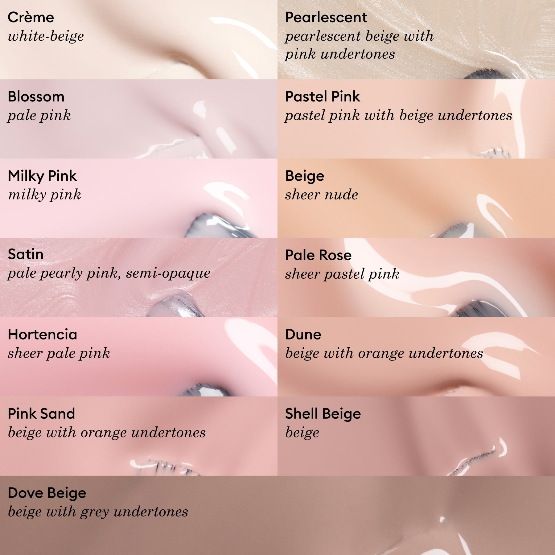A chart displays 12 Manucurist-test nail polish shades, like Pale Rose - Free, showing sheer pastel pinks, soft rose, beige, pink, and nude tones—each with a glossy finish on nails.