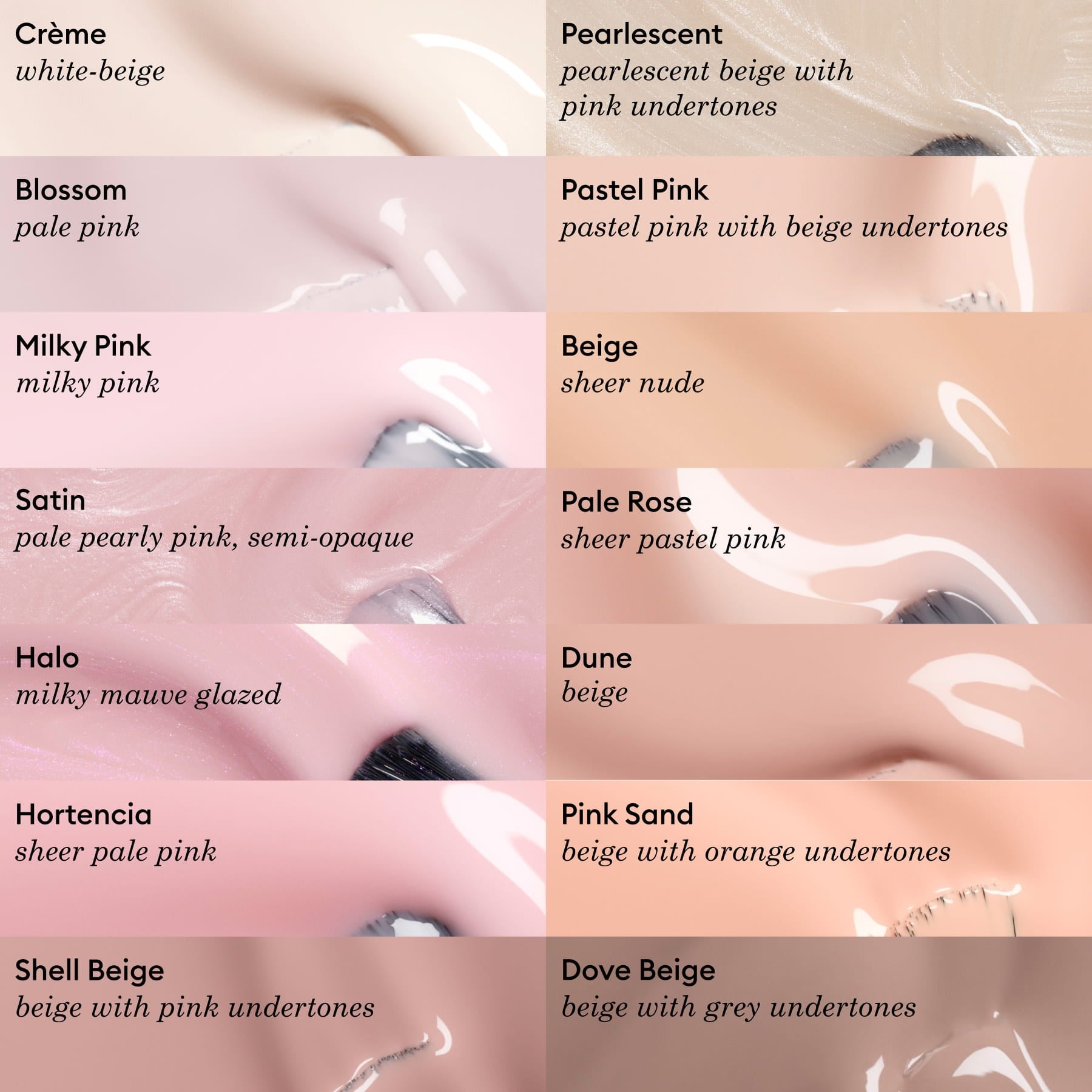 A chart displays 12 Manucurist-test nail polish shades, like Pale Rose - Free, showing sheer pastel pinks, soft rose, beige, pink, and nude tones—each with a glossy finish on nails.