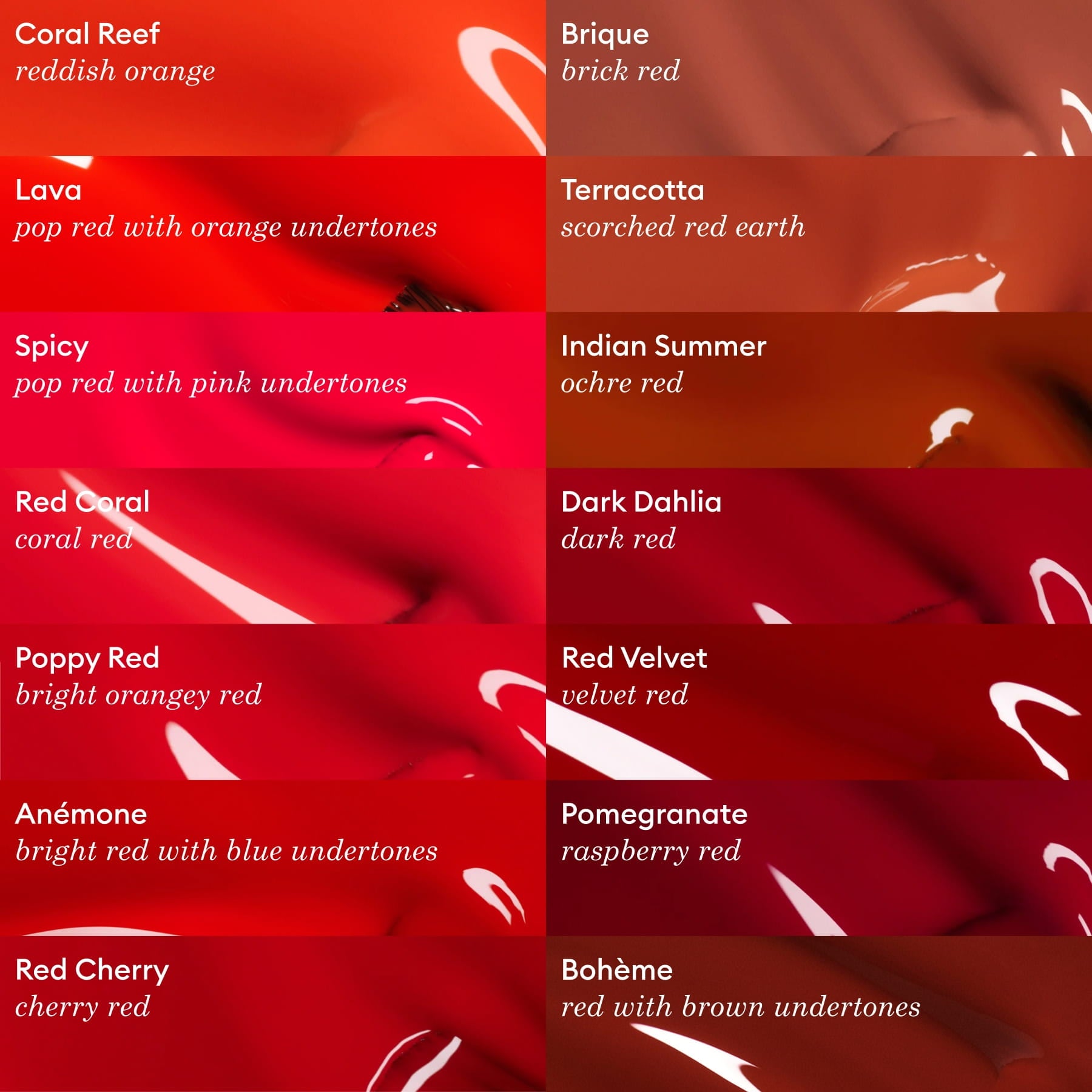 A grid shows 12 Manucurist-test lipstick shades, each with its name and color info, from bright reds like Poppy Red - Free to browns and raspberries—perfect to pair with orangey red nail polish. Reflective highlights add a radiant touch.