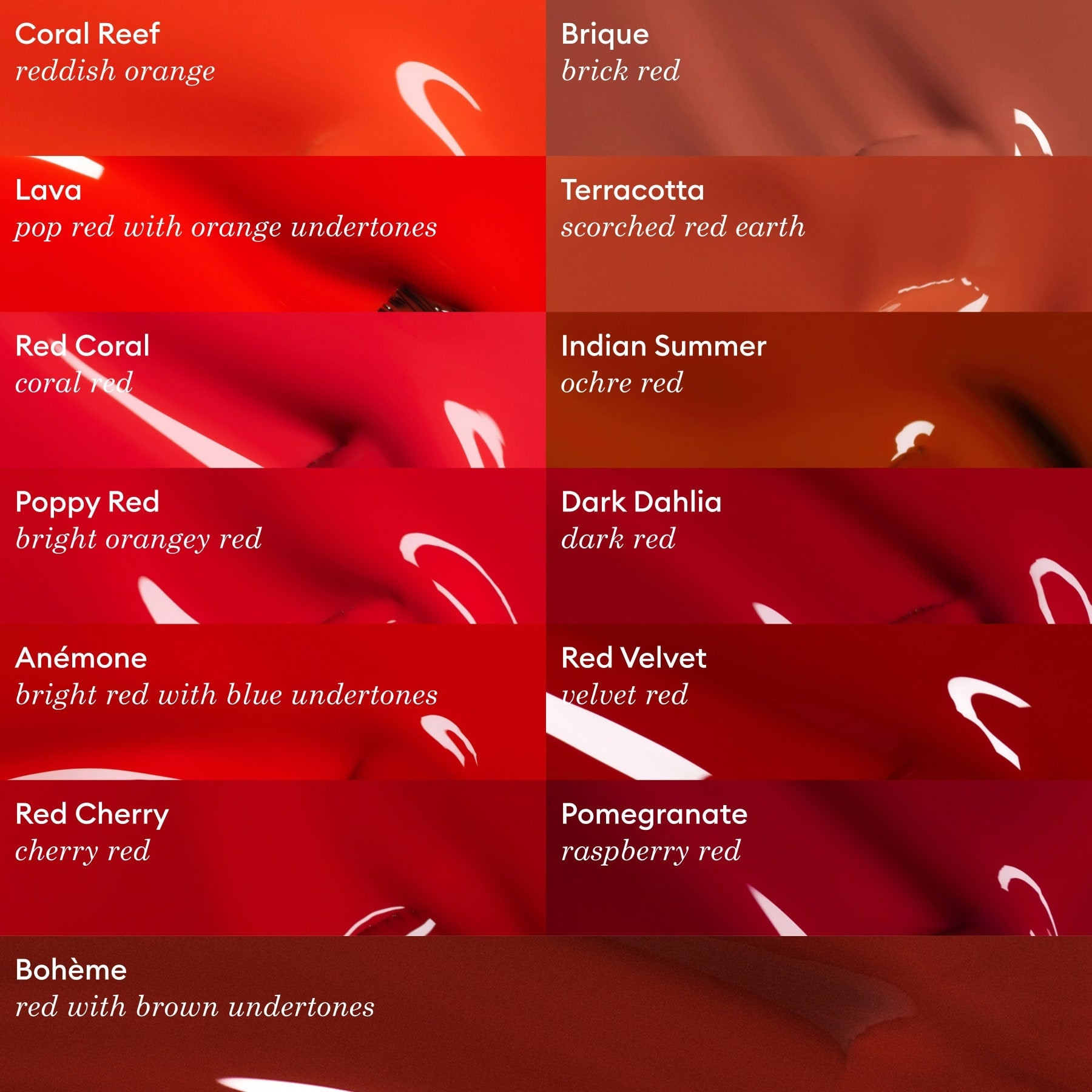 A chart displays twelve Manucurist Green Flash gel polish shades, including reds like Anémone and Coral Reef to brownish Bohème, each labeled with names and descriptions in glossy swatches.