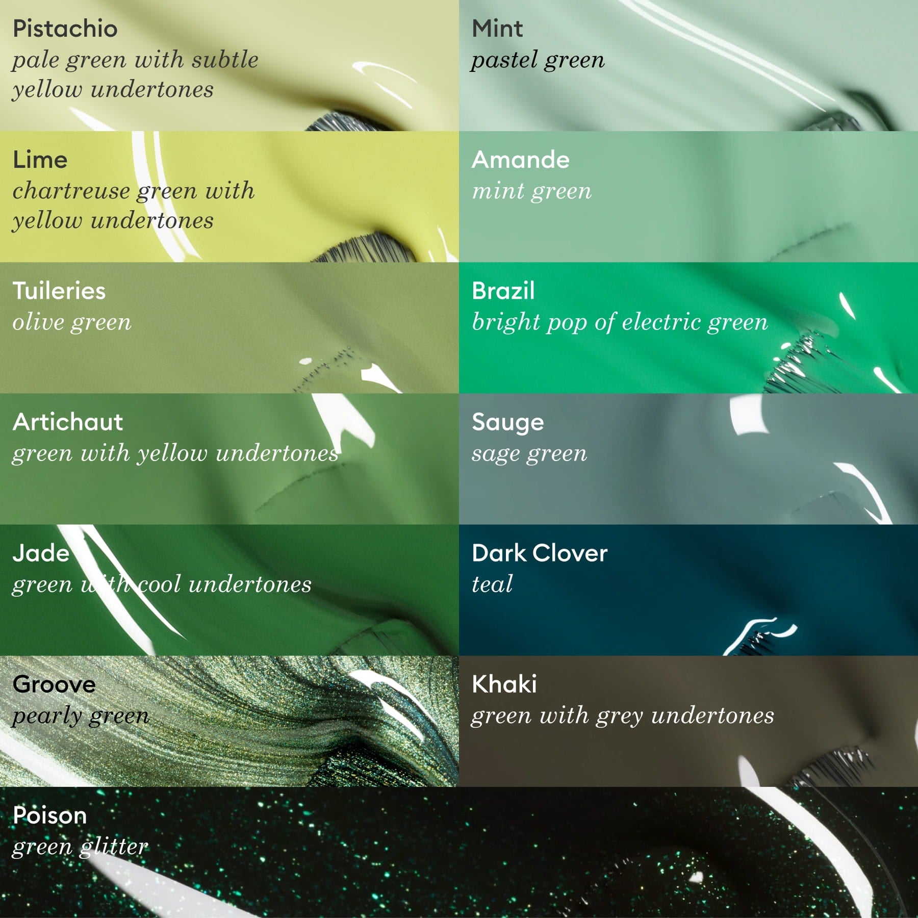 A chart of Manucurist’s Sage nail polish displays green shades from Green Flash to pale mint, sage, and gray-green, each uniquely labeled with names, descriptions, and glittery or glossy finishes.