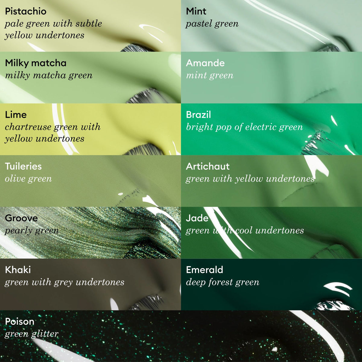 A chart of Manucurist’s Sage nail polish displays green shades from Green Flash to pale mint, sage, and gray-green, each uniquely labeled with names, descriptions, and glittery or glossy finishes.