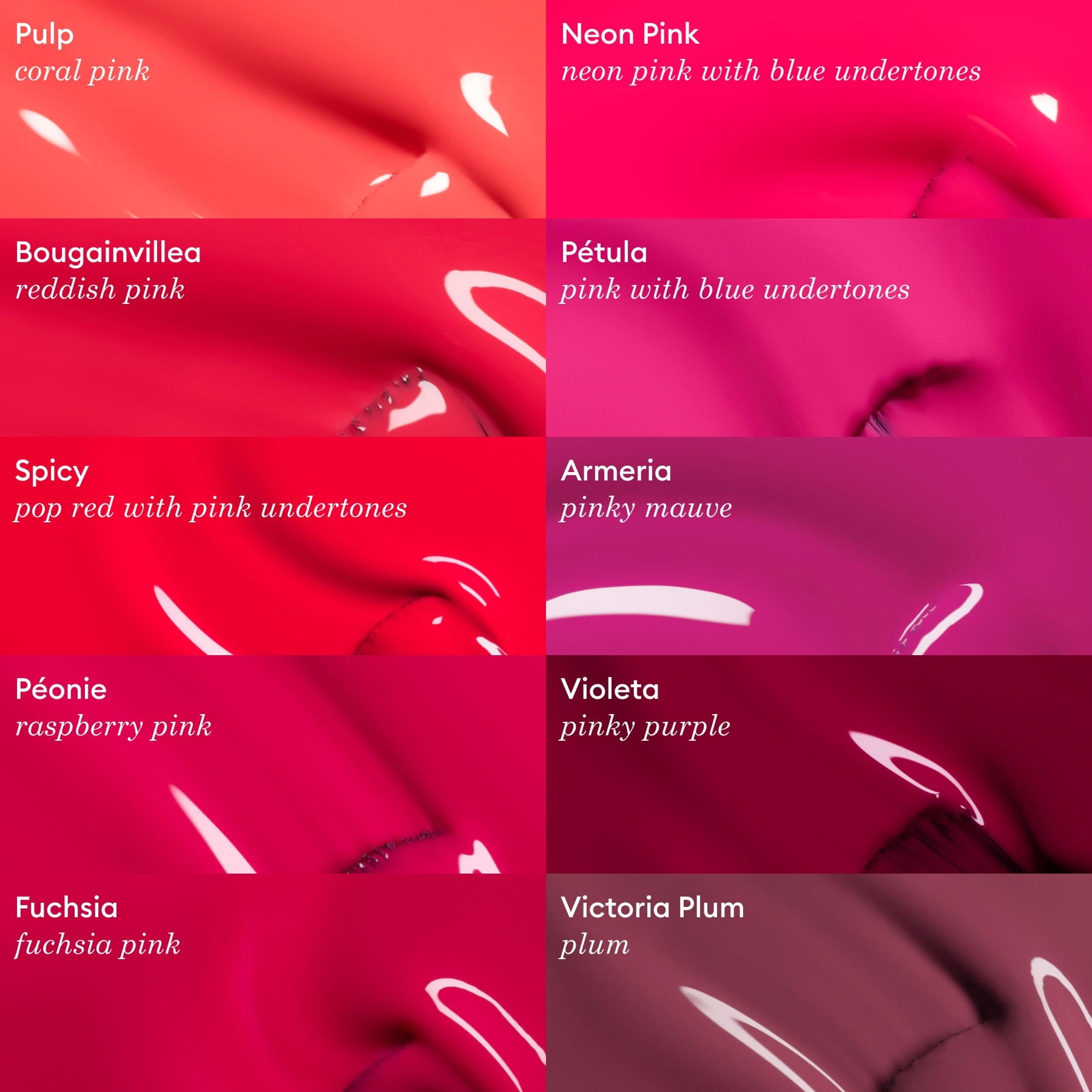 Grid of nine Manucurist Pétula lipstick swatches in pink, purple, and mauve shades with blue undertones. Each is labeled with shade names and descriptions, showcasing glossy finishes and creamy textures that reflect light.