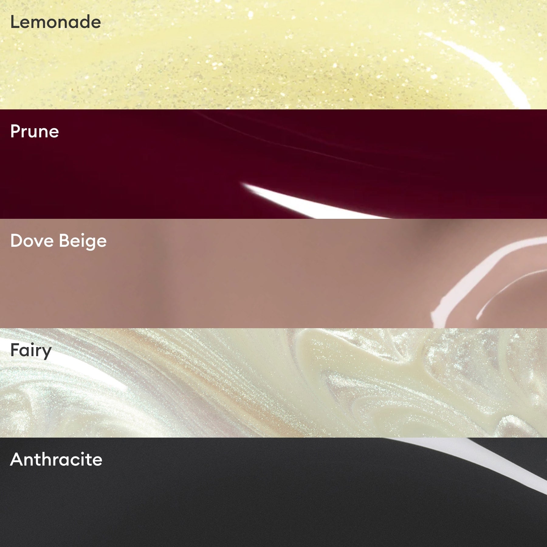 Explore Rainbow Collections by Manucurist—curated colour palettes featuring five horizontal swatches: Lemonade (pale yellow shimmer), Prune (deep burgundy), Dove Beige, Fairy (pearly white), and Anthracite for stylish manicures.