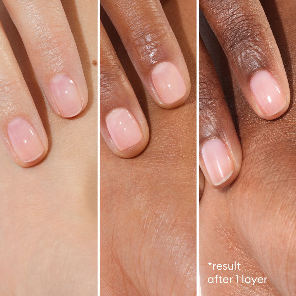Three close-up shots display hands of varied skin tones with natural, glossy nails featuring a light pink tint—achieved after one layer of Manucurist’s Healthy Glow Duo. Text: result after 1 layer.