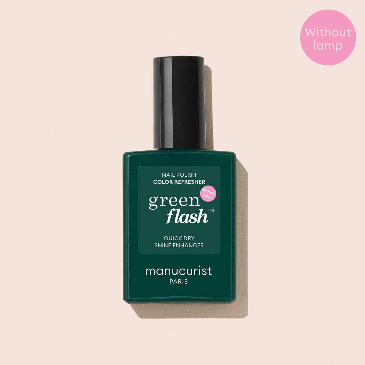 A green bottle of Manucurist Colour Refresher is displayed on a light beige background, ideal for manicure touch-ups, with a pink circle in the corner stating "Without lamp.