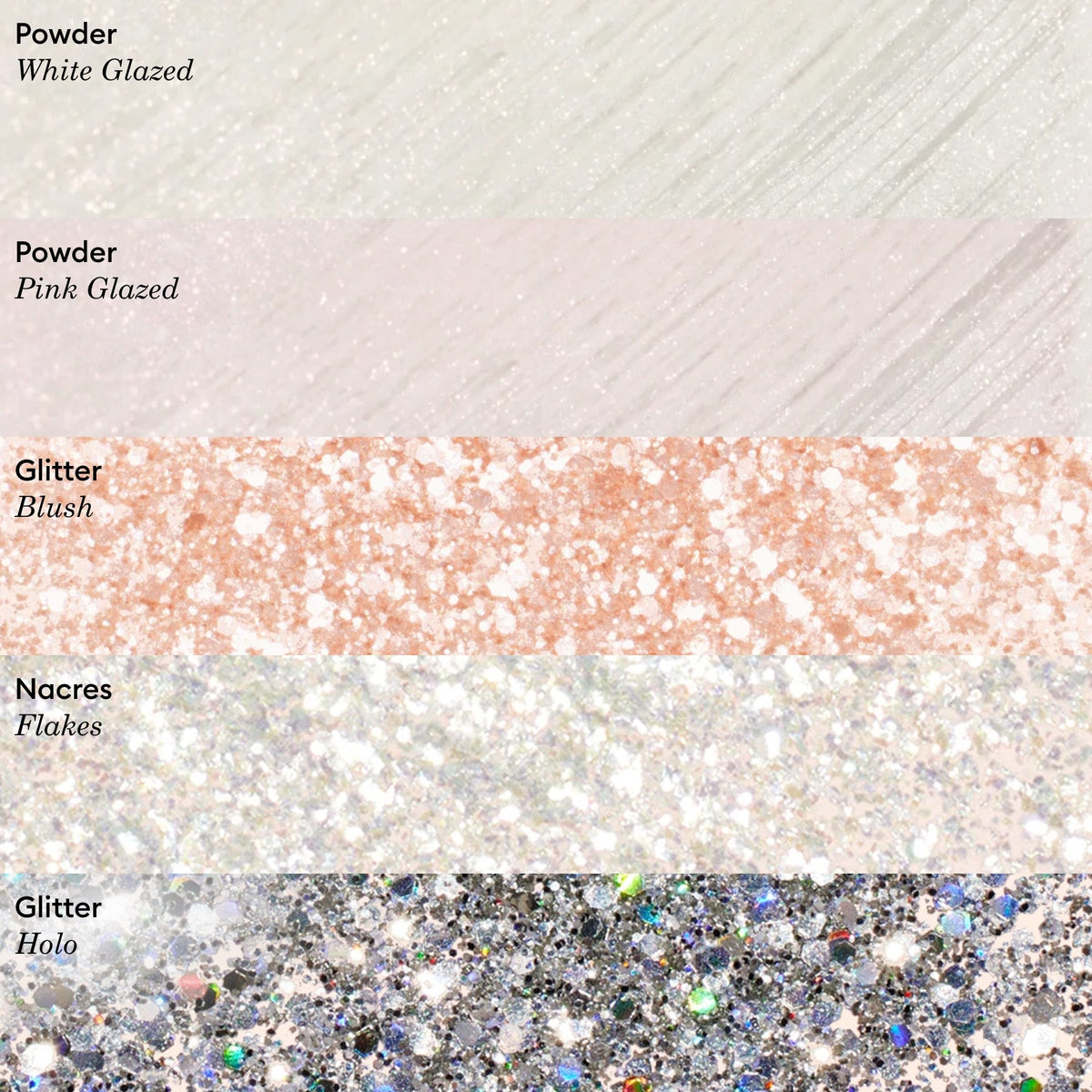 Five swatches of Manucurist Nacres Flakes—white glazed, pink glazed, blush glitter, pearlescent flakes, and holographic glitter—each labeled and shimmering beautifully for the perfect manicure.