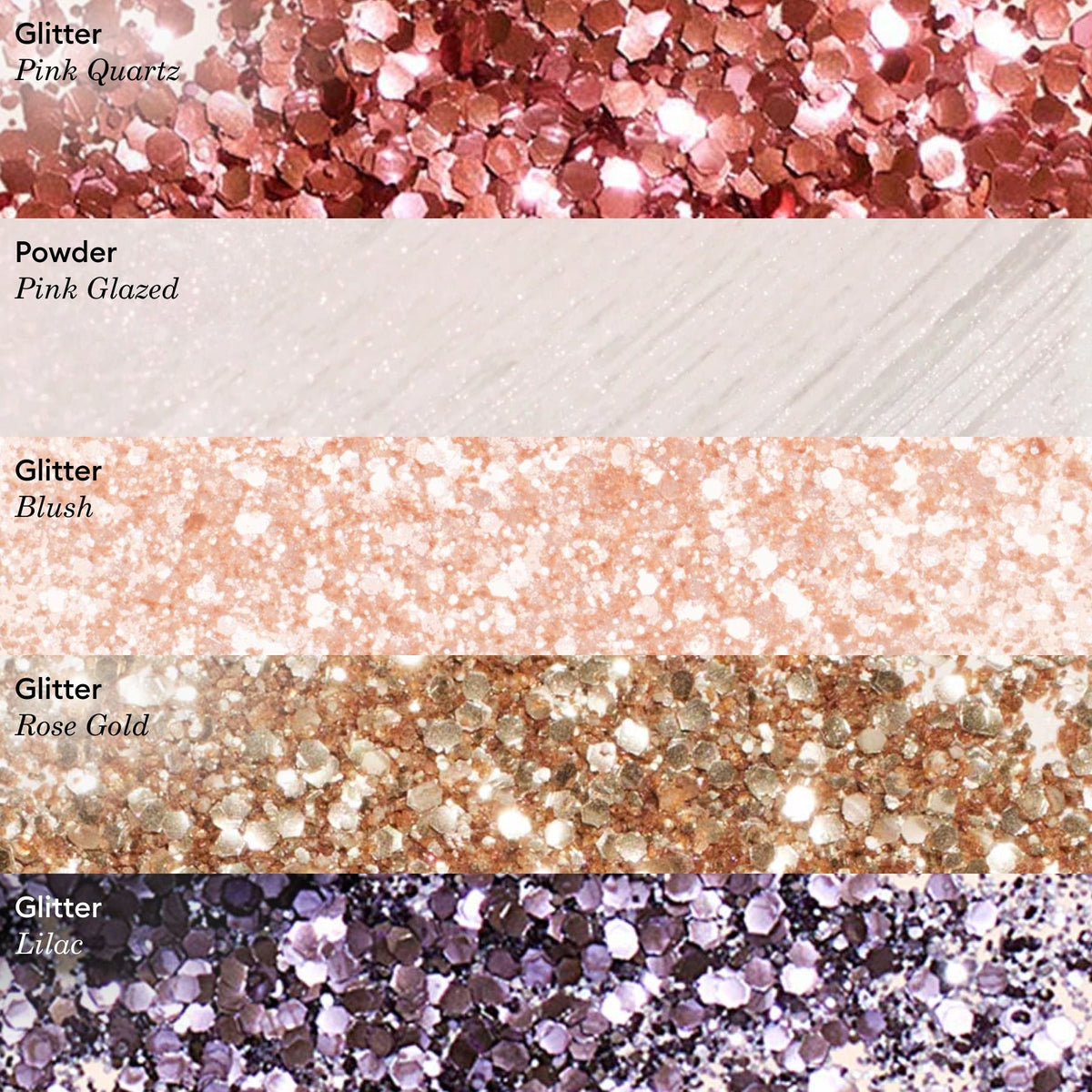 Five horizontal swatches feature Manucurist’s Pink Quartz biodegradable glitter, pink glazed powder, blush glitter, rose gold glitter, and lilac glitter—ideal for sparkling nail art or pairing with your favorite gel polish.