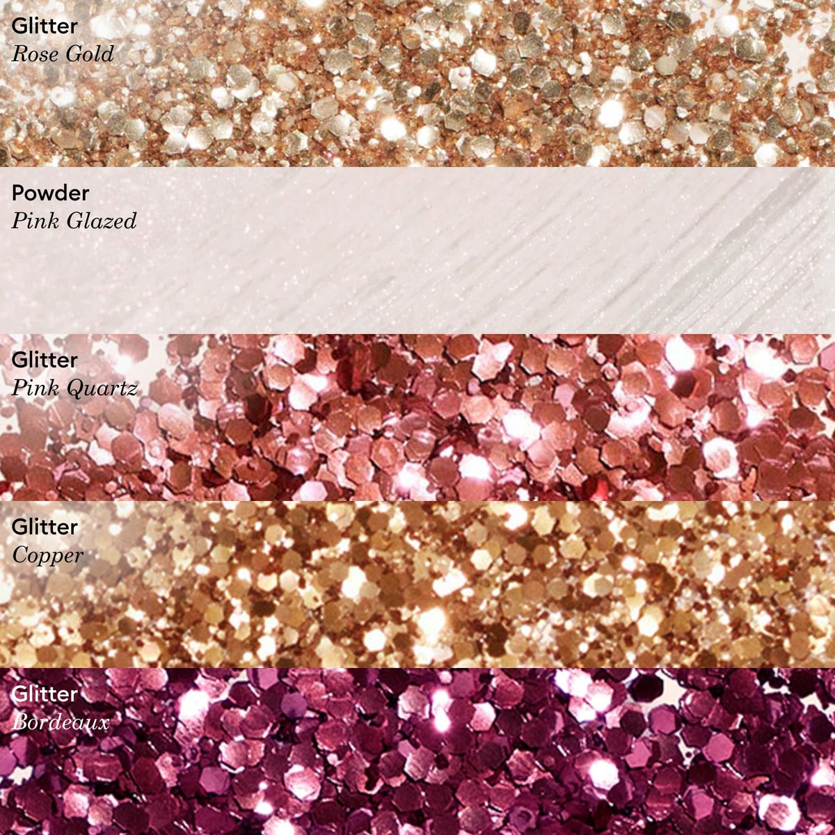 Five horizontal strips display nail art textures: Manucurist’s Rose Gold biodegradable glitter, shimmery pink powder, pink quartz glitter, copper glitter, and bordeaux glitter—all labeled and featuring biodegradable sparkle.