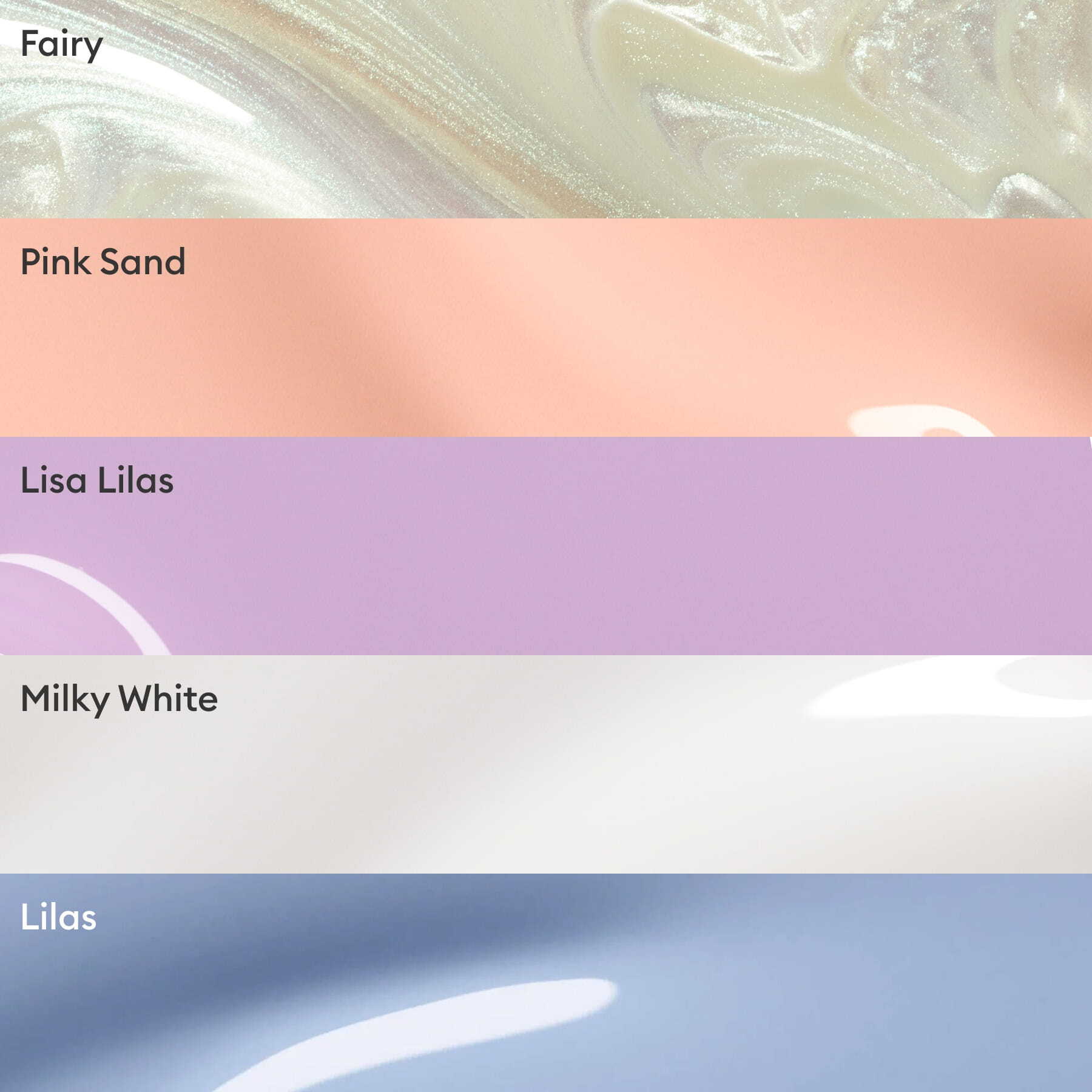 Manucurist’s Rainbow Collections features five horizontal swatches of glossy polish: shimmery pearl Fairy, peach Pink Sand, lavender Lisa Lilas, creamy Milky White, and pale blue Lilas—perfect for trendy manicures.