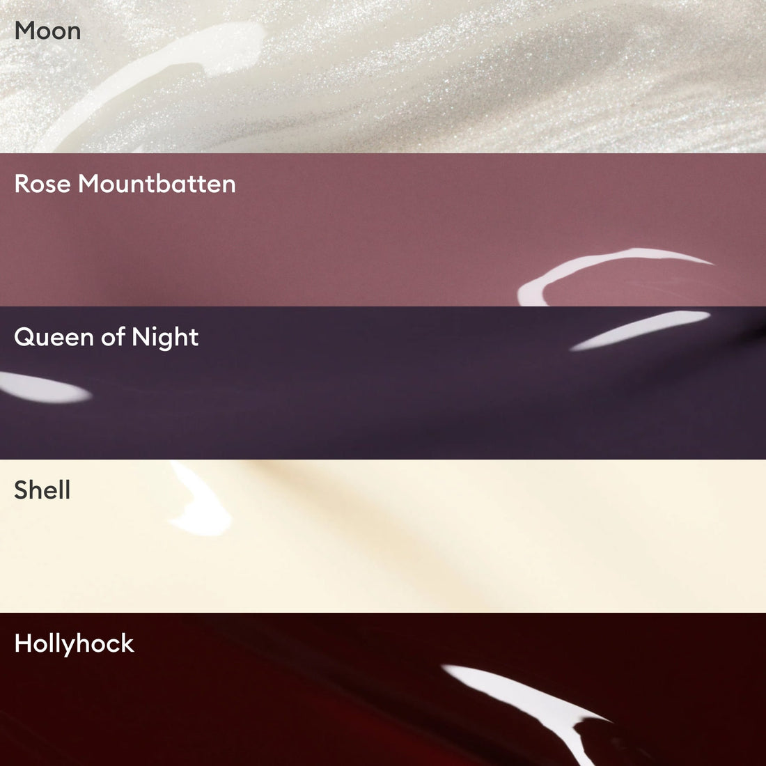 The Manucurist Rainbow Collections features five horizontal swatches—Moon (shimmery white), Rose Mountbatten (dusty mauve), Queen of Night (deep purple), Shell (creamy beige), and Hollyhock (dark burgundy red)—perfect for trendy manicures.