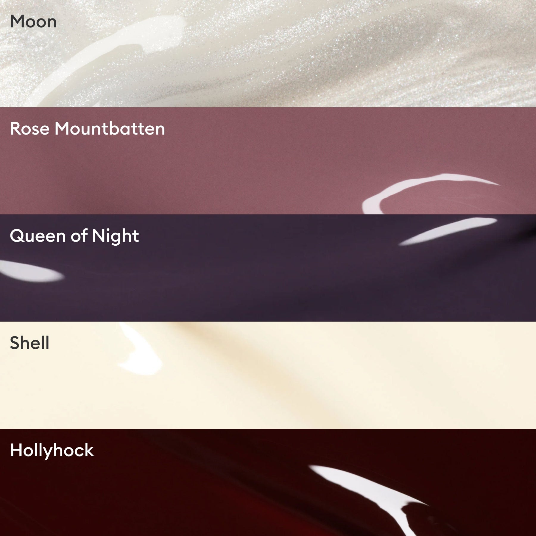 The Manucurist Rainbow Collections features five horizontal swatches—Moon (shimmery white), Rose Mountbatten (dusty mauve), Queen of Night (deep purple), Shell (creamy beige), and Hollyhock (dark burgundy red)—perfect for trendy manicures.
