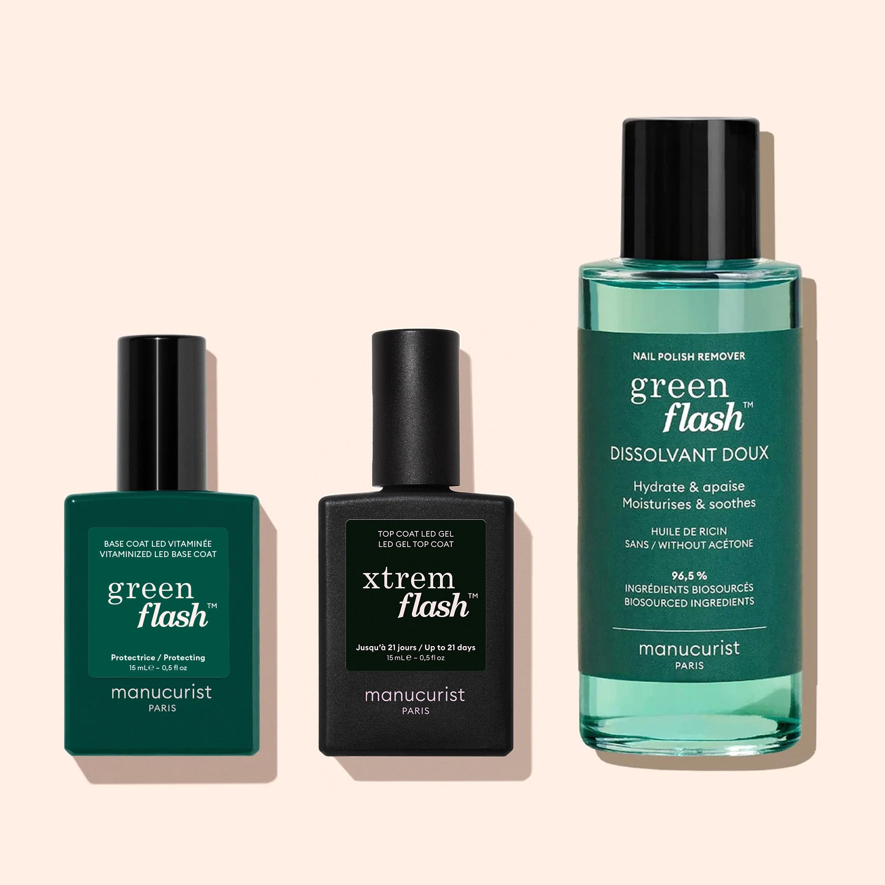 Three Manucurist nail products on a pale background: Vitaminised Base Coat Green Flash™, Xtrem Flash top coat, and Green Flash gentle nail polish remover for fortified, cared-for nails.