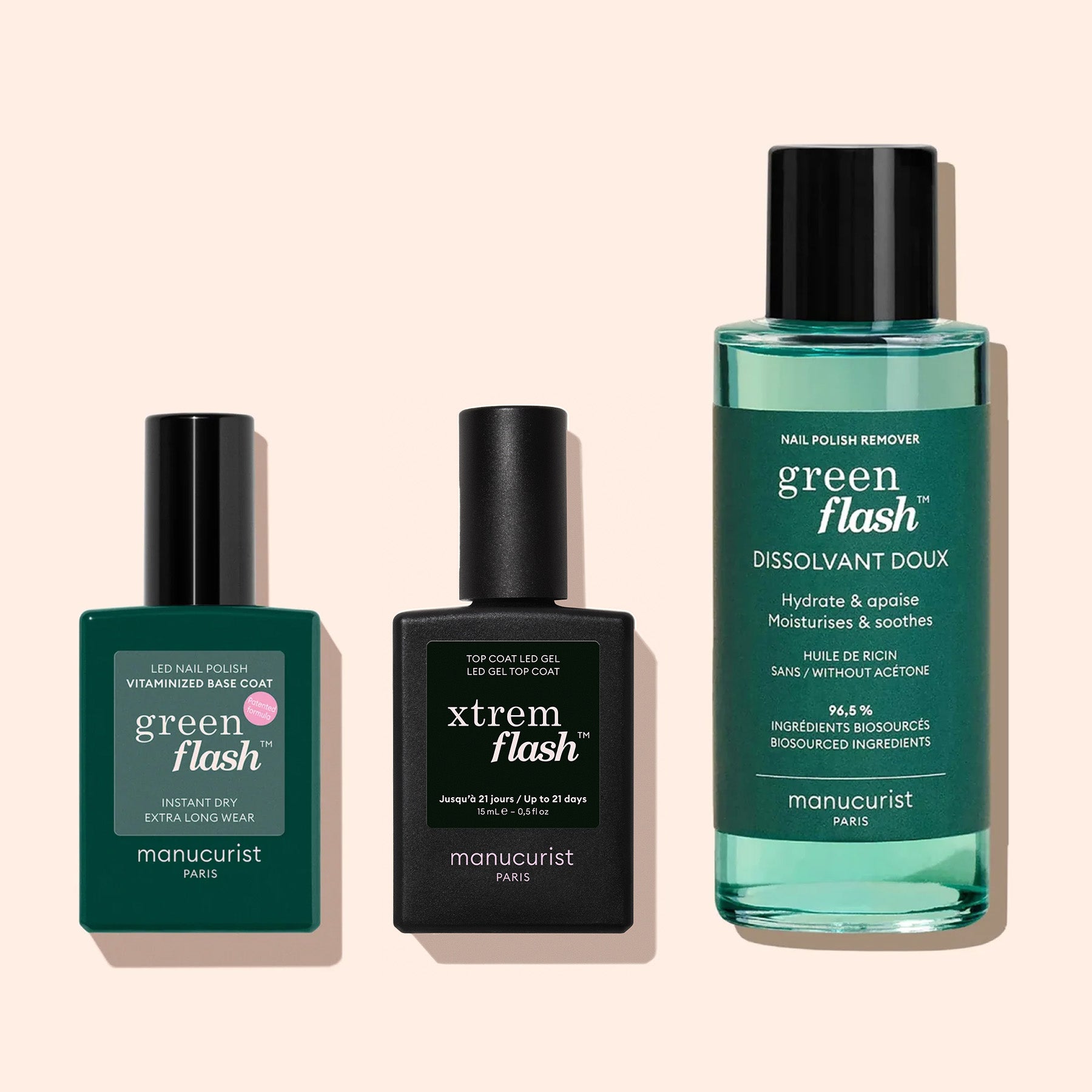 Three Manucurist nail products on a pale background: Vitaminised Base Coat Green Flash™, Xtrem Flash top coat, and Green Flash gentle nail polish remover for fortified, cared-for nails.