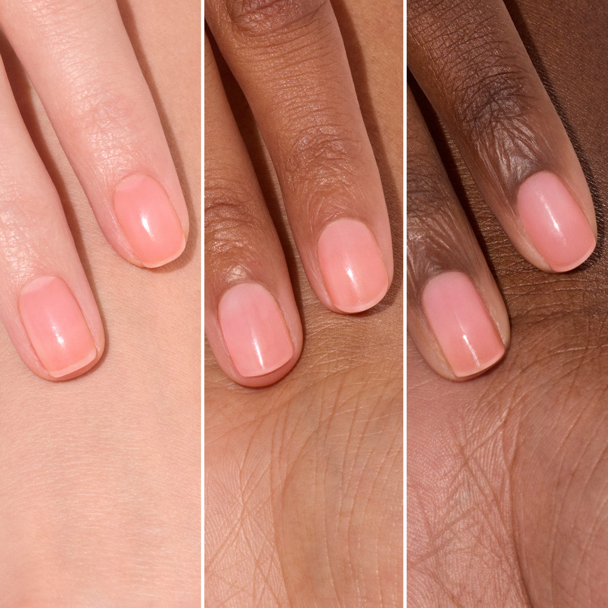 Three hands with different skin tones, each displaying neatly manicured nails painted in the same pale pink, glossy shade of Active™ Glow Cranberry by Manucurist, are arranged side by side against matching backgrounds—a beautiful showcase of nail care crafted with Manucurist’s nourishing plant-based formula.