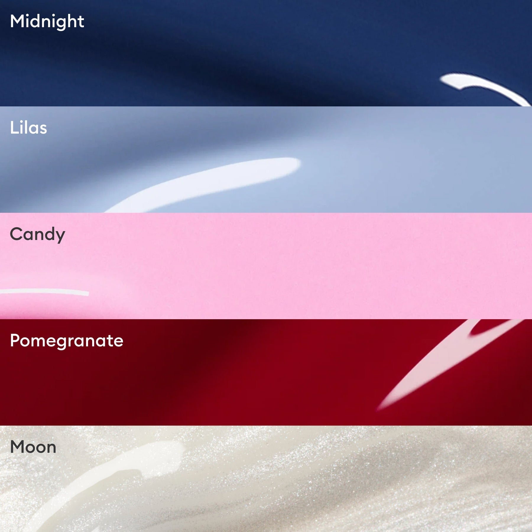 Rainbow Collections by Manucurist features five labeled manicure shades in horizontal bands: Midnight (dark blue), Lilas (light lavender), Candy (pastel pink), Pomegranate (deep red), and Moon (shimmery pale silver).