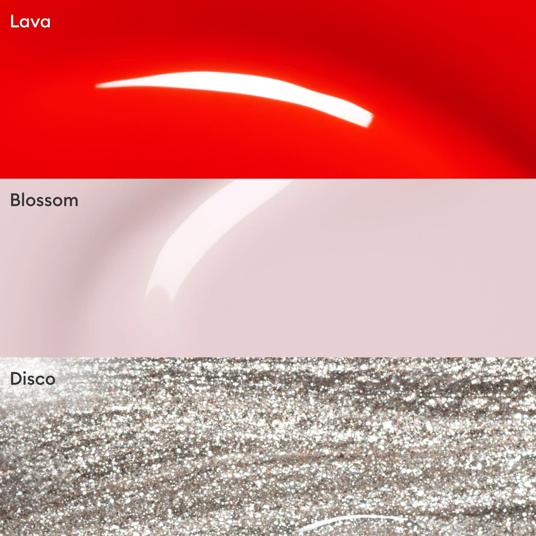 The Manucurist Trio Collections features close-ups of Lava (bright red, glossy), Blossom (soft pale pink, shiny), and Disco (silver glitter) swatches—ideal for exploring the latest nail trends and vibrant colours.
