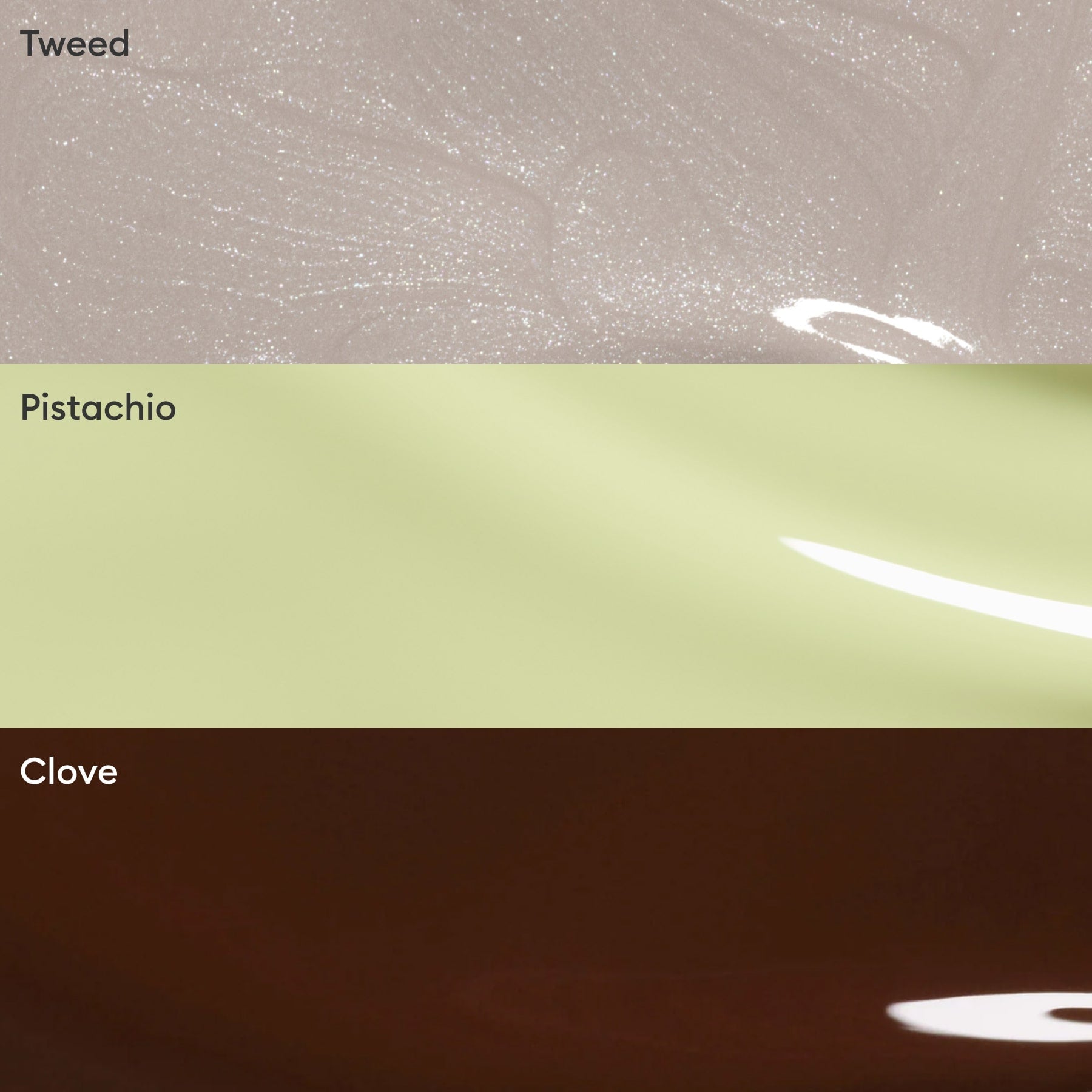 The Manucurist Trio Collections features three glossy shades—Tweed (shimmery beige), Pistachio (light green), and Clove (dark brown)—ideal for modern manicures and stylish nail palettes.