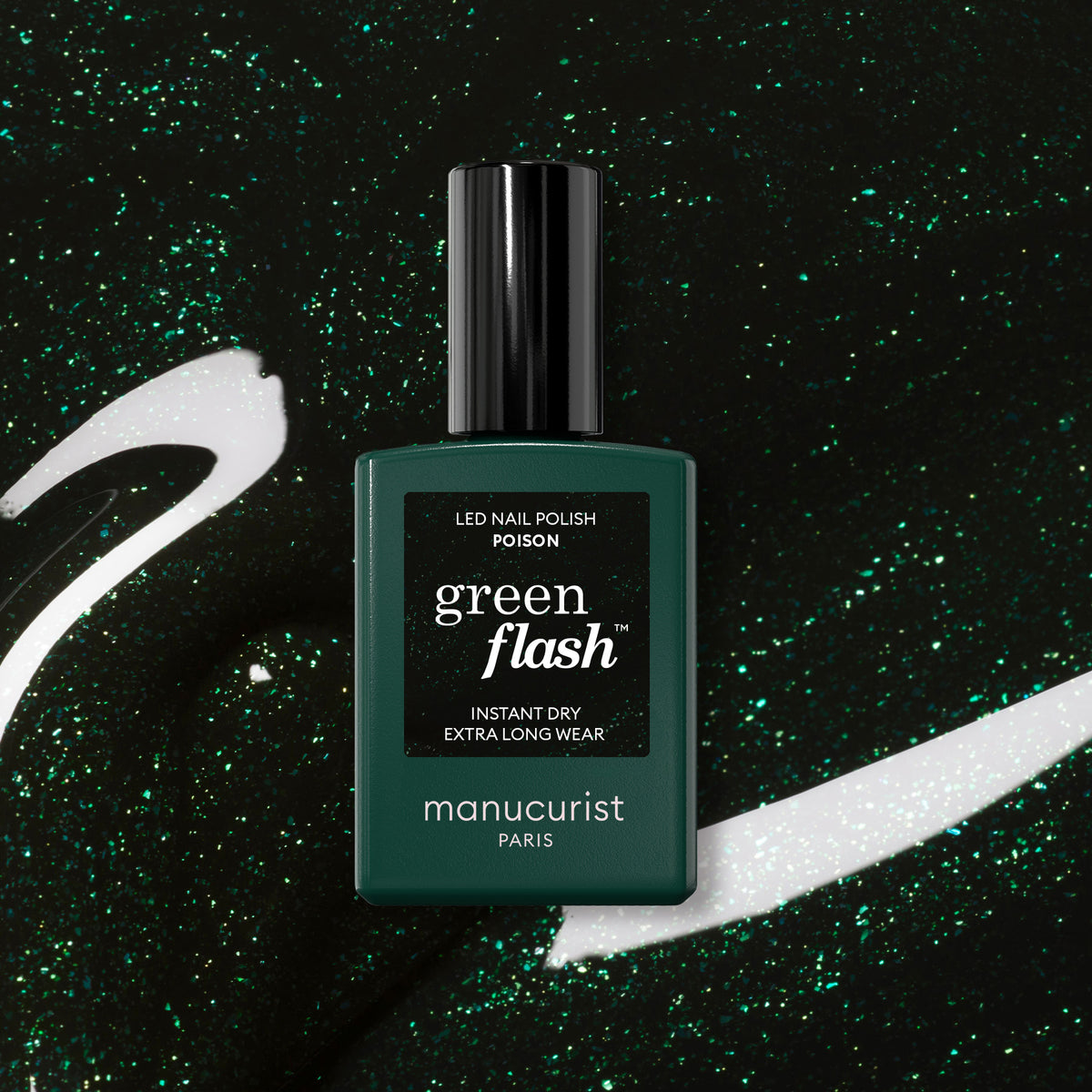 A bottle of Manucurist Poison gel polish is displayed against a sparkly, dark green and black background with white brush strokes.