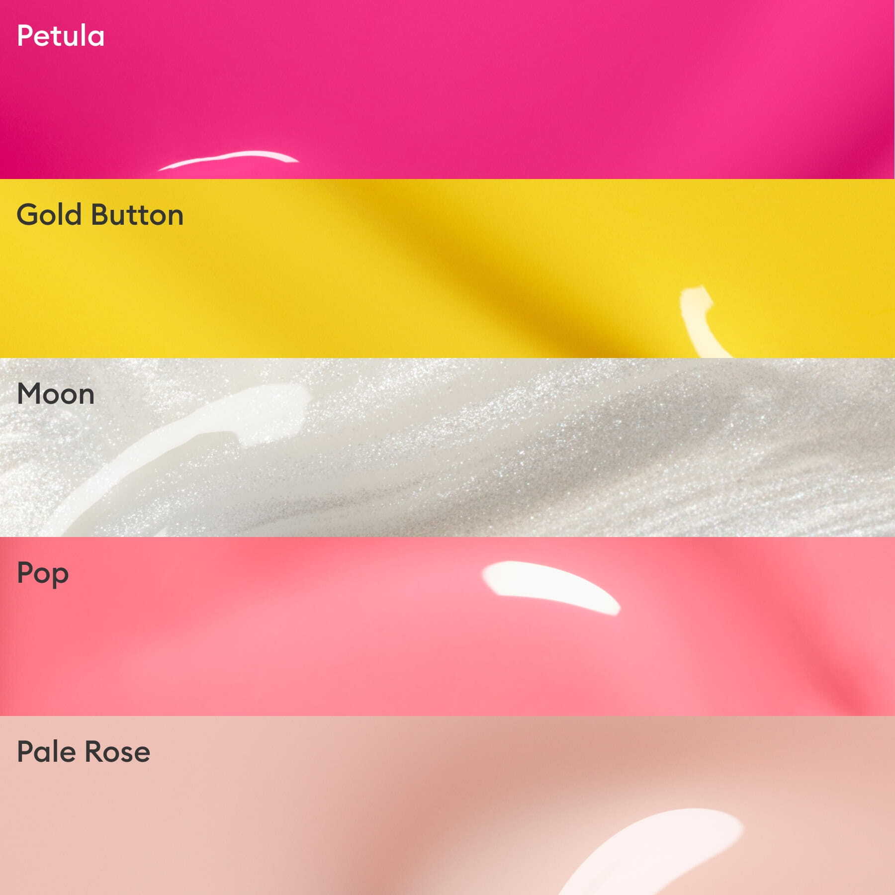 Five horizontal nail polish stripes in Manucurist’s Rainbow Collections showcase a curated palette: bright pink (Petula), bright yellow (Gold Button), shimmery white (Moon), coral pink (Pop), and pale pink (Pale Rose)—perfect for trending nails.