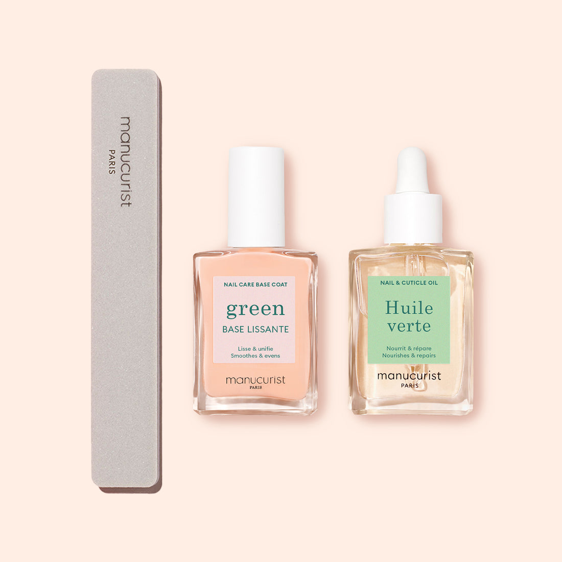 A gray nail file and two Manucurist bottles—green BASE LISSANTE for ridged nails and Huile verte for hydration—compose the Routine for ridged nails by Manucurist.