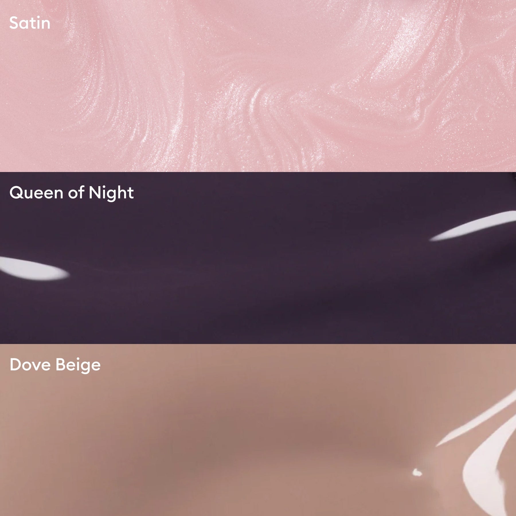 Manucurist’s Trio Collections features Satin (shimmery light pink), Queen of Night (glossy deep purple), and Dove Beige (glossy light beige)—perfect must-try shades for chic, on-trend manicures this season.