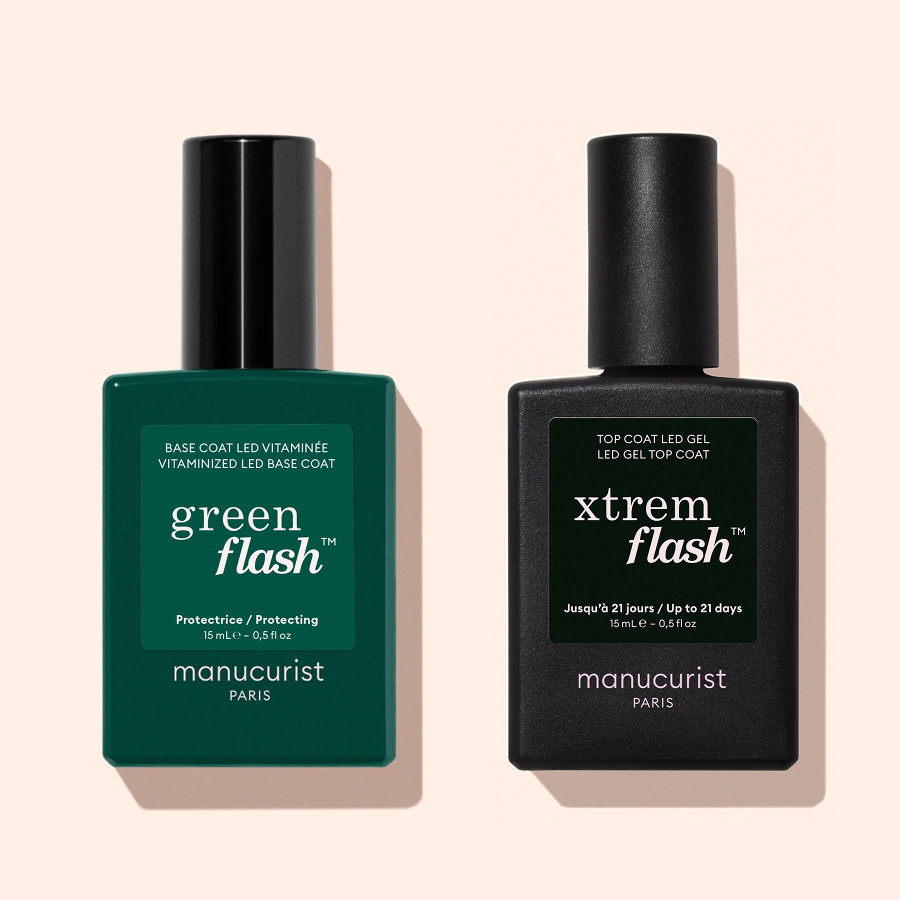 Two bottles of Manucurist are displayed on a beige background: Green Flash™ LED nail polish (green bottle) and Vitaminised Base Coat Green Flash™ (black bottle), both by Manucurist.