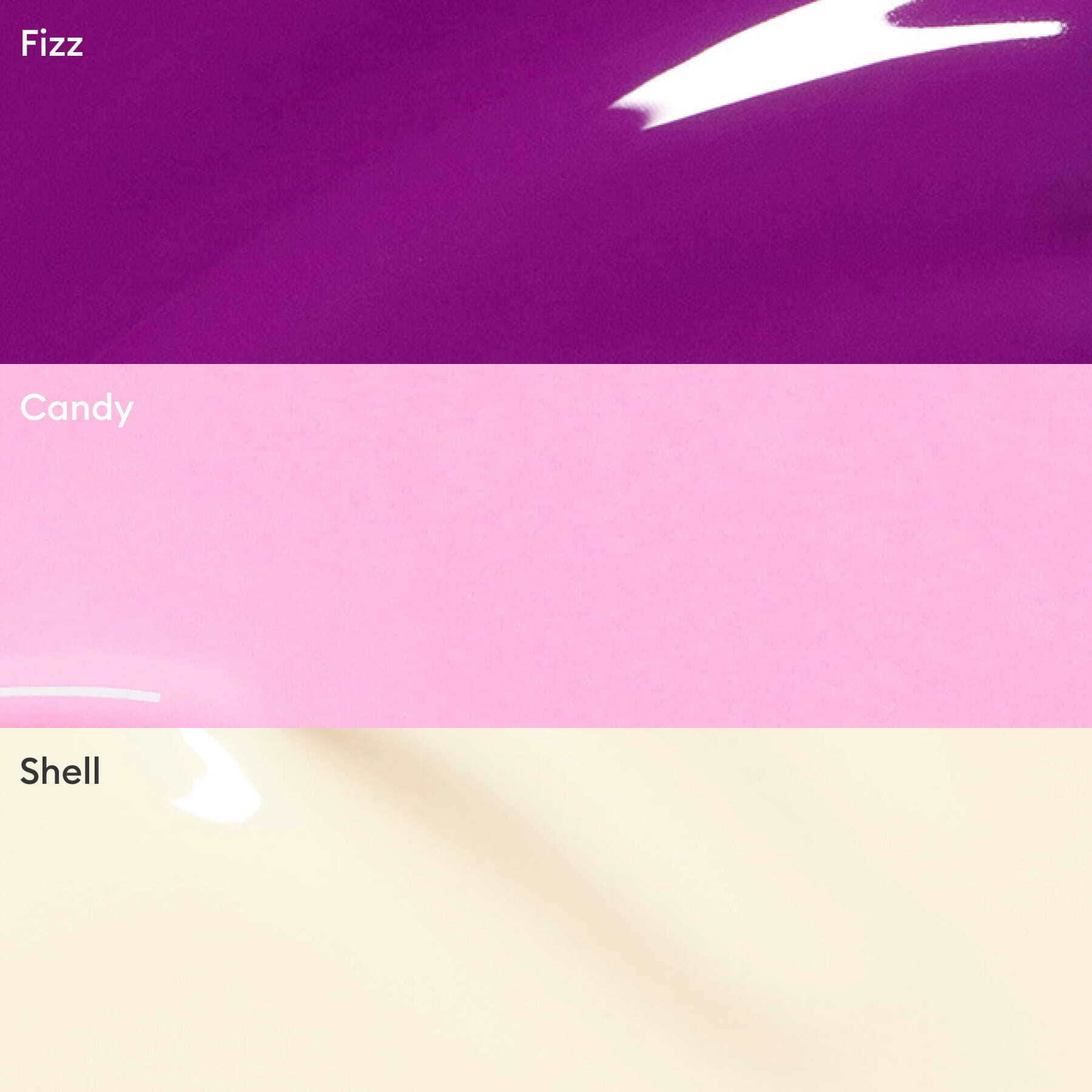 Manucurist’s Trio Collections features three horizontal glossy swatches: Fizz (deep purple), Candy (light pink), and Shell (pale cream)—perfectly on trend for inspiring your next manicure.