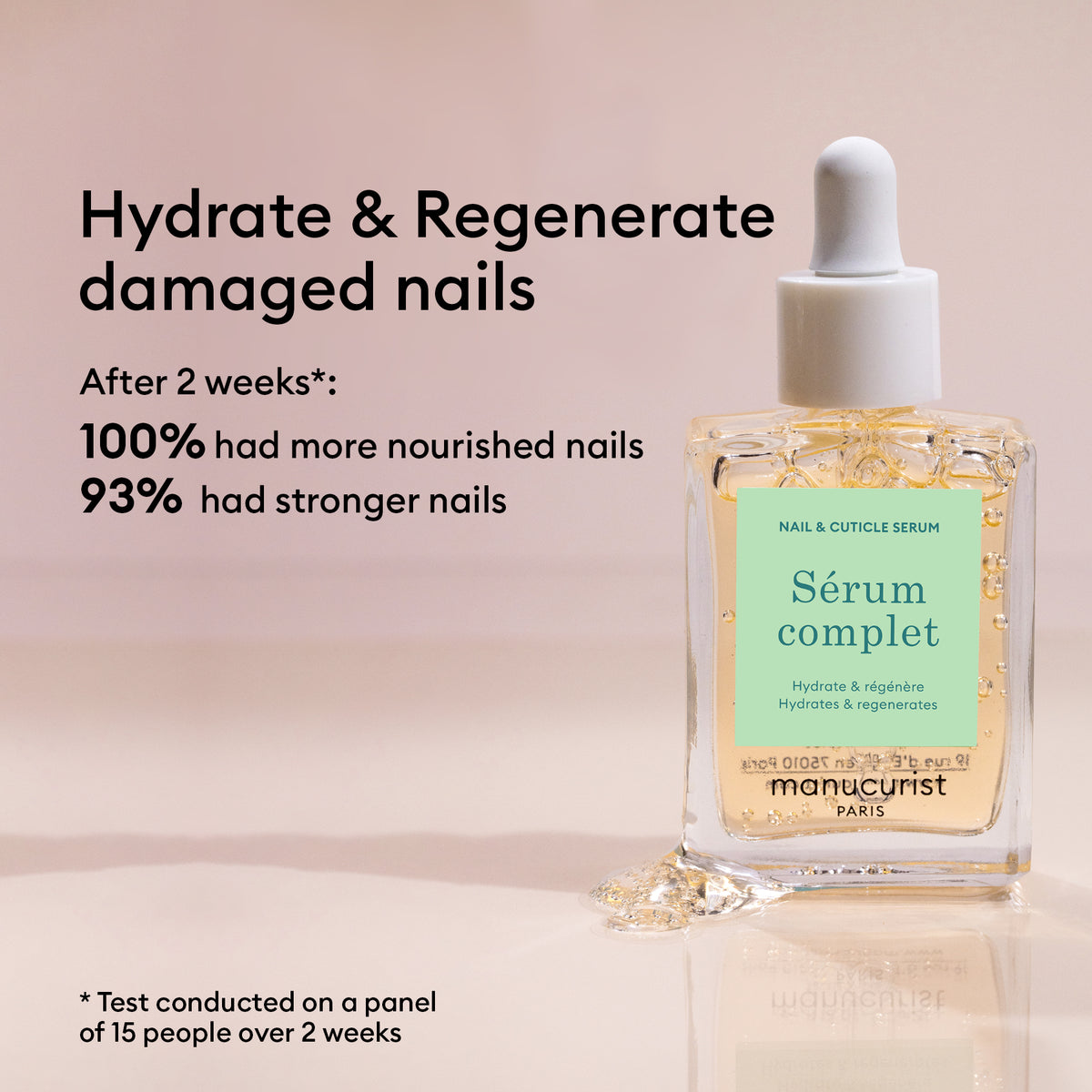 A Healthy Glow Duo set by Manucurist is shown with text noting its benefits: 100% had more nourished nails and 93% had stronger nails after 2 weeks in a panel test of 15 people.