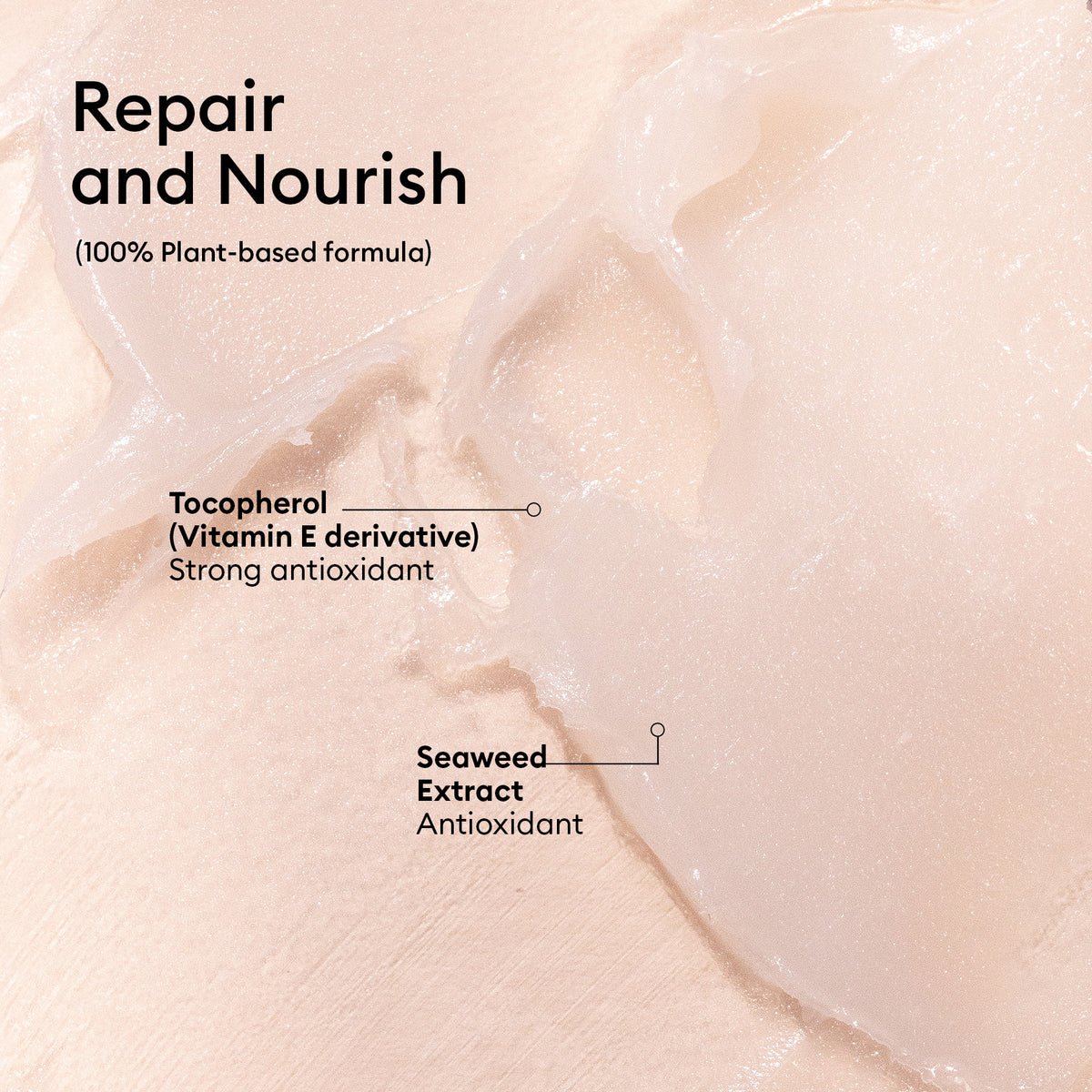 A close-up shows Manucurist’s Natural Nourishing Balm - Cosmos Organic, a creamy, translucent skincare with tocopherol and seaweed extract to soothe and repair. 100% plant-based formula of natural origin highlighted for Repair Nourish.
