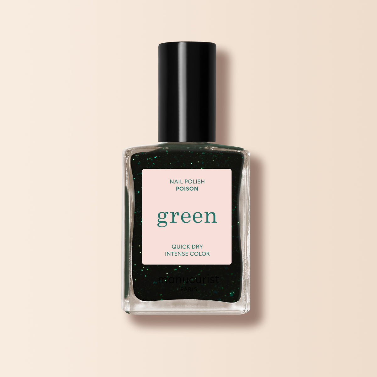 A bottle of Manucurist Nail Polish in Poison, a forest green shade with subtle glitter, features a black cap and square label reading "Poison" and "Quick Dry Intense Color" set against a beige background.