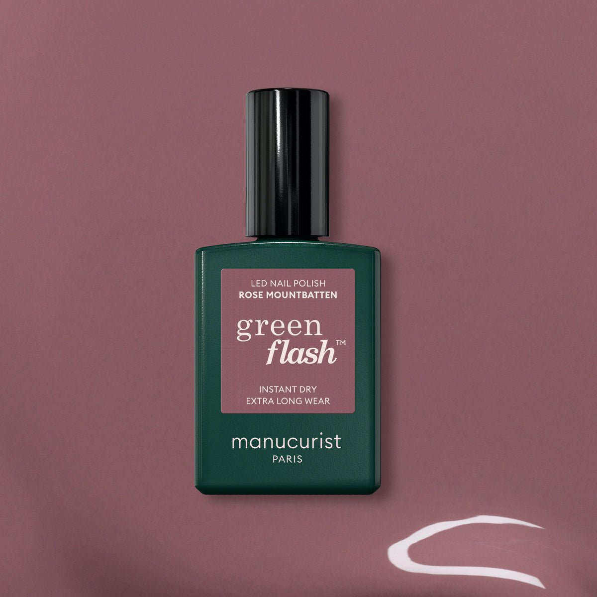 A bottle of Rose Mountbatten by Manucurist, featuring a green shade similar to the vibrant hue of Green Flash gel polish.