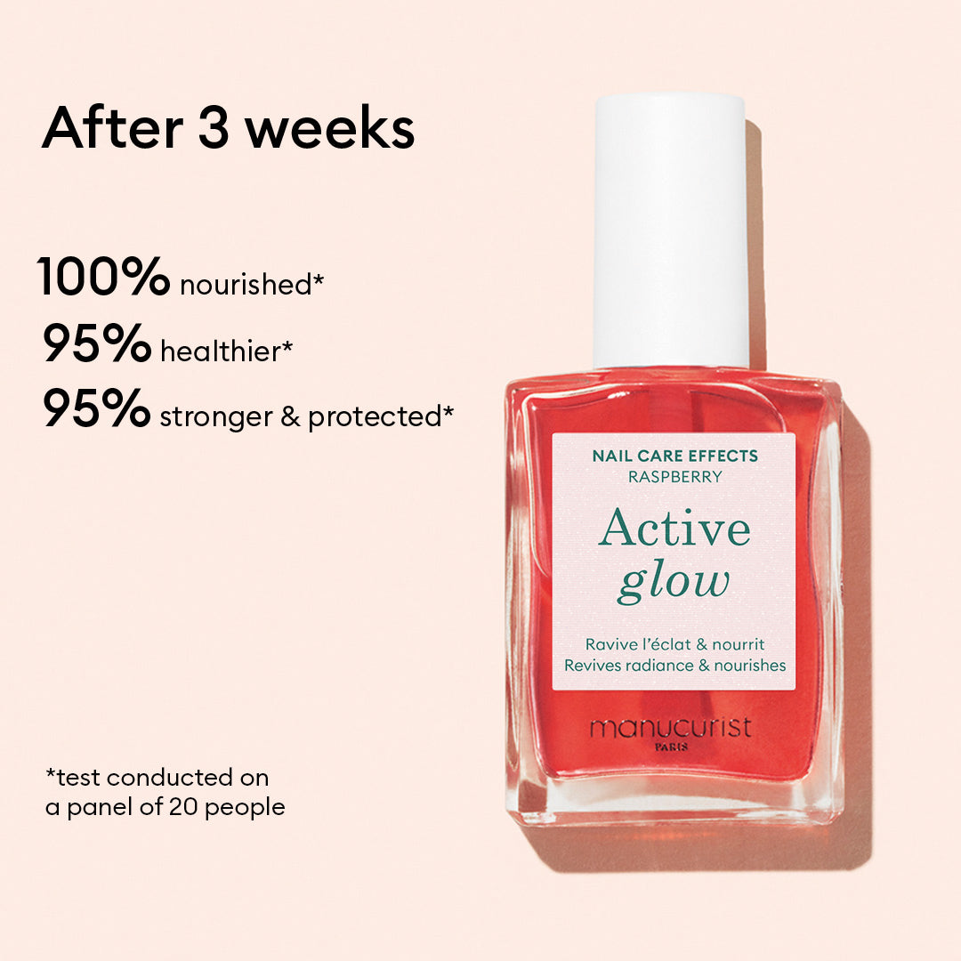A bottle of Manucurist Healthy Glow Duo is displayed on a beige background with text: After 3 weeks—100% nourished, 95% healthier, 95% stronger  protected; ideal for any nail care routine.