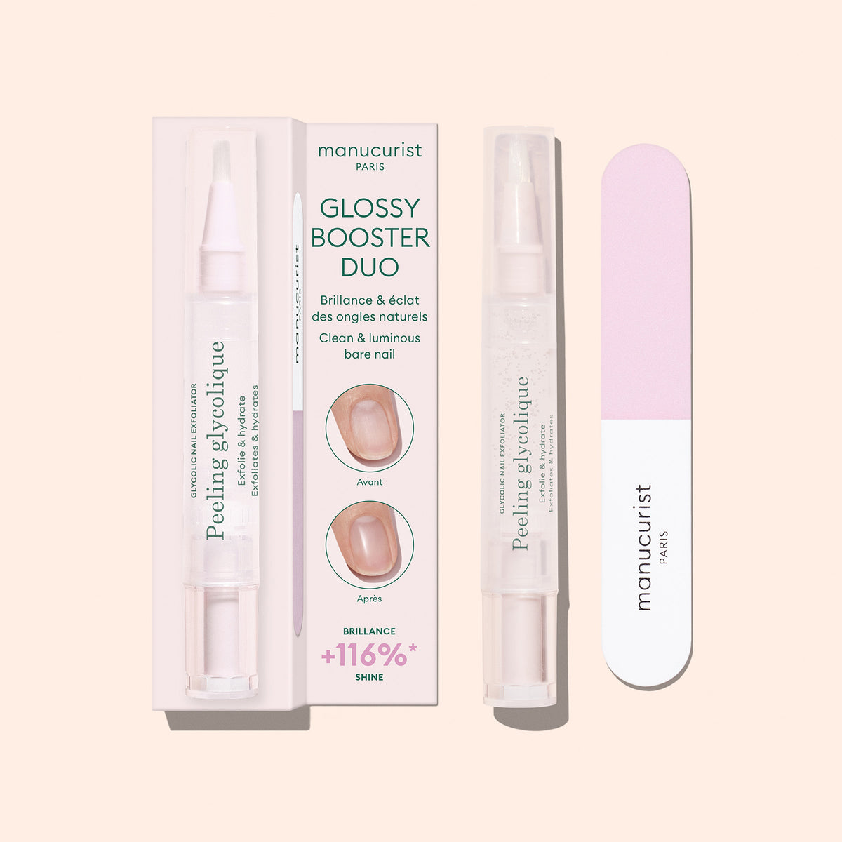 The Manucurist Glossy Booster Duo, inspired by the Japanese manicure, includes a pink and white nail file and a clear pen-style nail exfoliator, all in packaging that shows before-and-after glossy nails results.