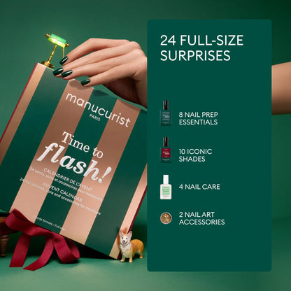 A hand holds a green and pink Manucurist Advent Calendar Time to Flash! box, with a small dog figurine beside it. Text highlights 24 full-size surprises inside: 8 nail prep essentials, 10 iconic shades, 4 nail care products, and 2 nail art accessories—perfect for creating your own gel polish manicure or pairing with an LED lamp for salon-quality results at home.