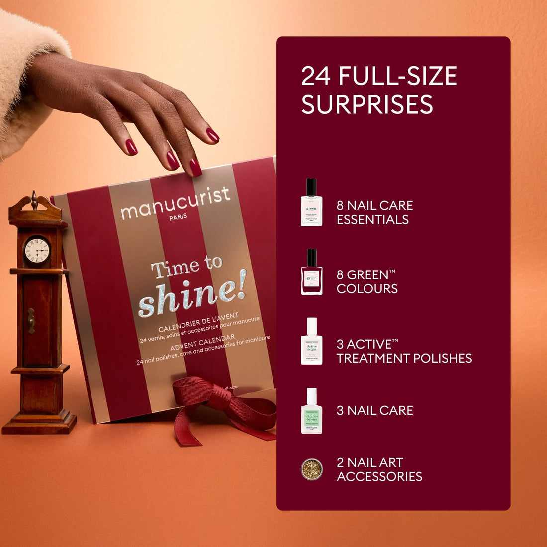 A hand reaches for the Manucurist Advent Calendar Time to Shine! Next to it, a small clock sits beside text highlighting 24 full-size surprises: nail care essentials, the new Active Shine Icy treatment, vibrant shades, and nail art accessories.