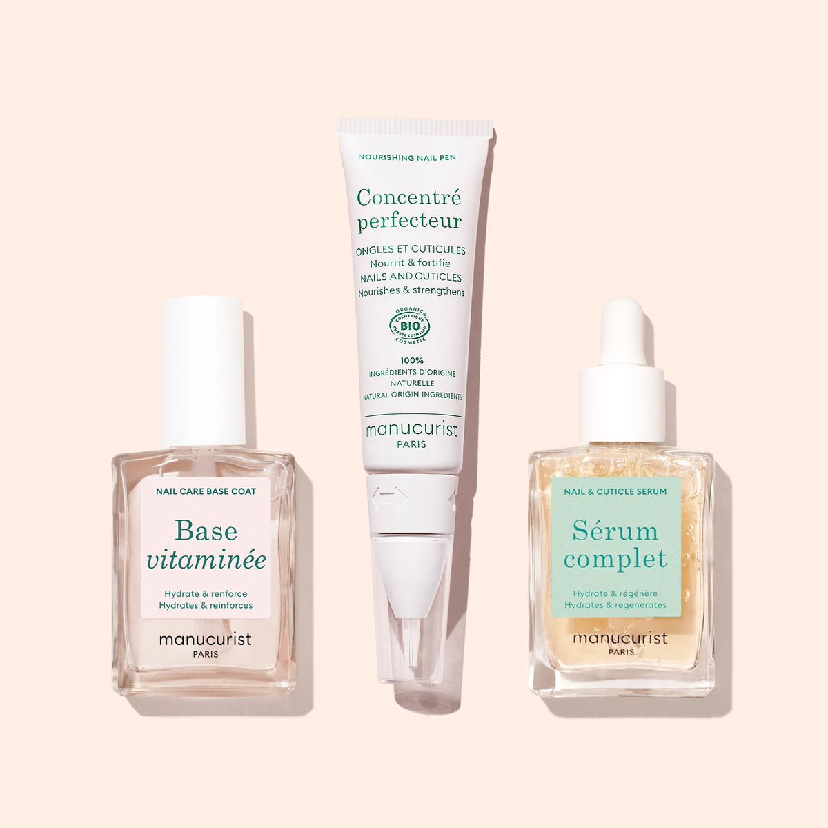 Three Manucurist products—Base vitaminée, Concentré perfecteur, and Complete Serum—are displayed on a light beige background.