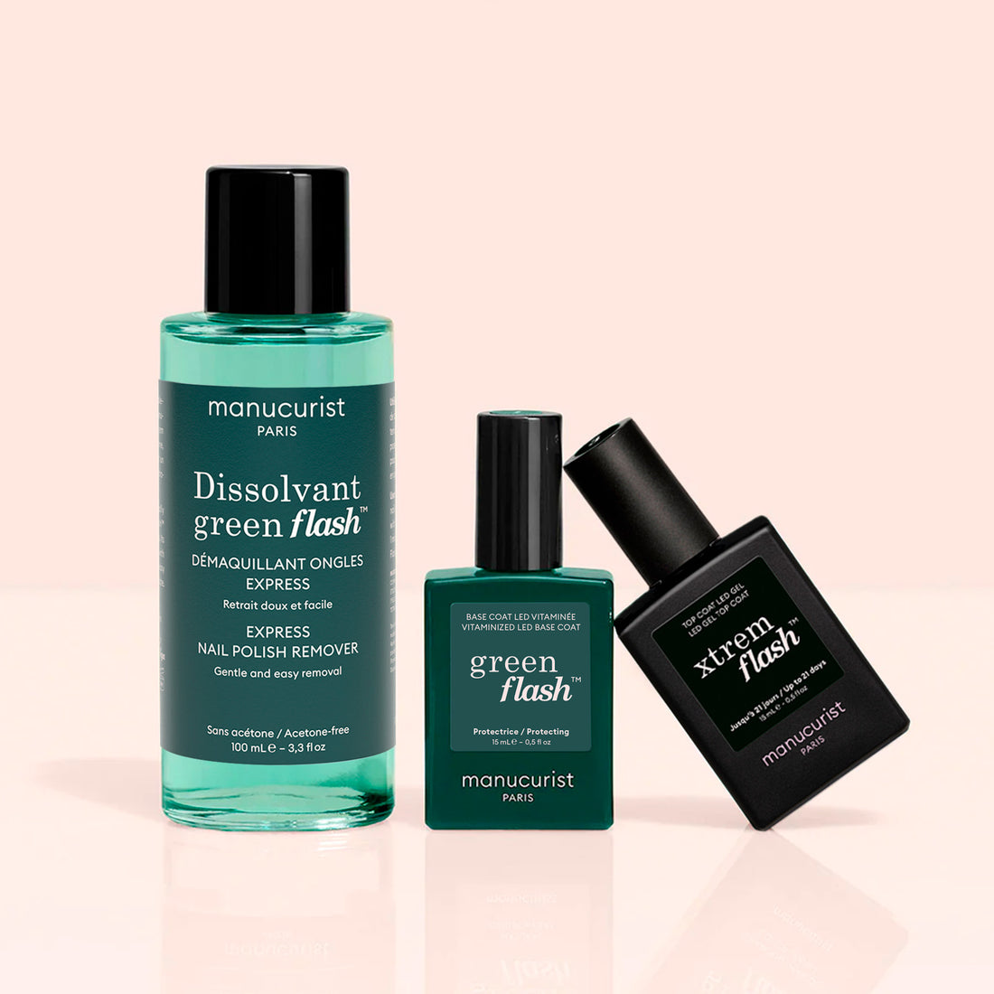 Manucurist Trio Base Top Remover Green Flash™ features three bottles—remover, vegan base coat, and top coat—displayed on a light beige background.