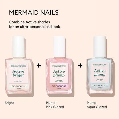 Three Manucurist collagen nail polishes—Active Bright, Active Plump Pink Glazed, and Active Plump Aqua Glazed—are displayed side by side with "Mermaid Nails" above, spotlighting custom combos and volumizing care for hydrated nails.