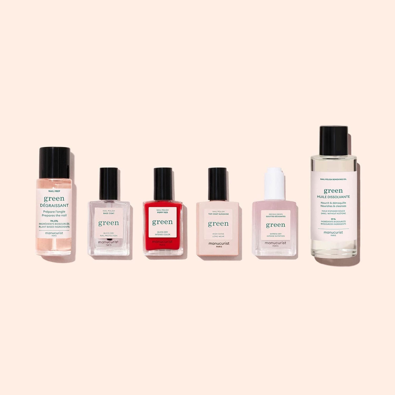 Six bottles from the Manucurist Discovery Kit, featuring plant-based nail polish and care products, including remover, gel effect shades, and nail oil, arranged in a row on a light beige background.