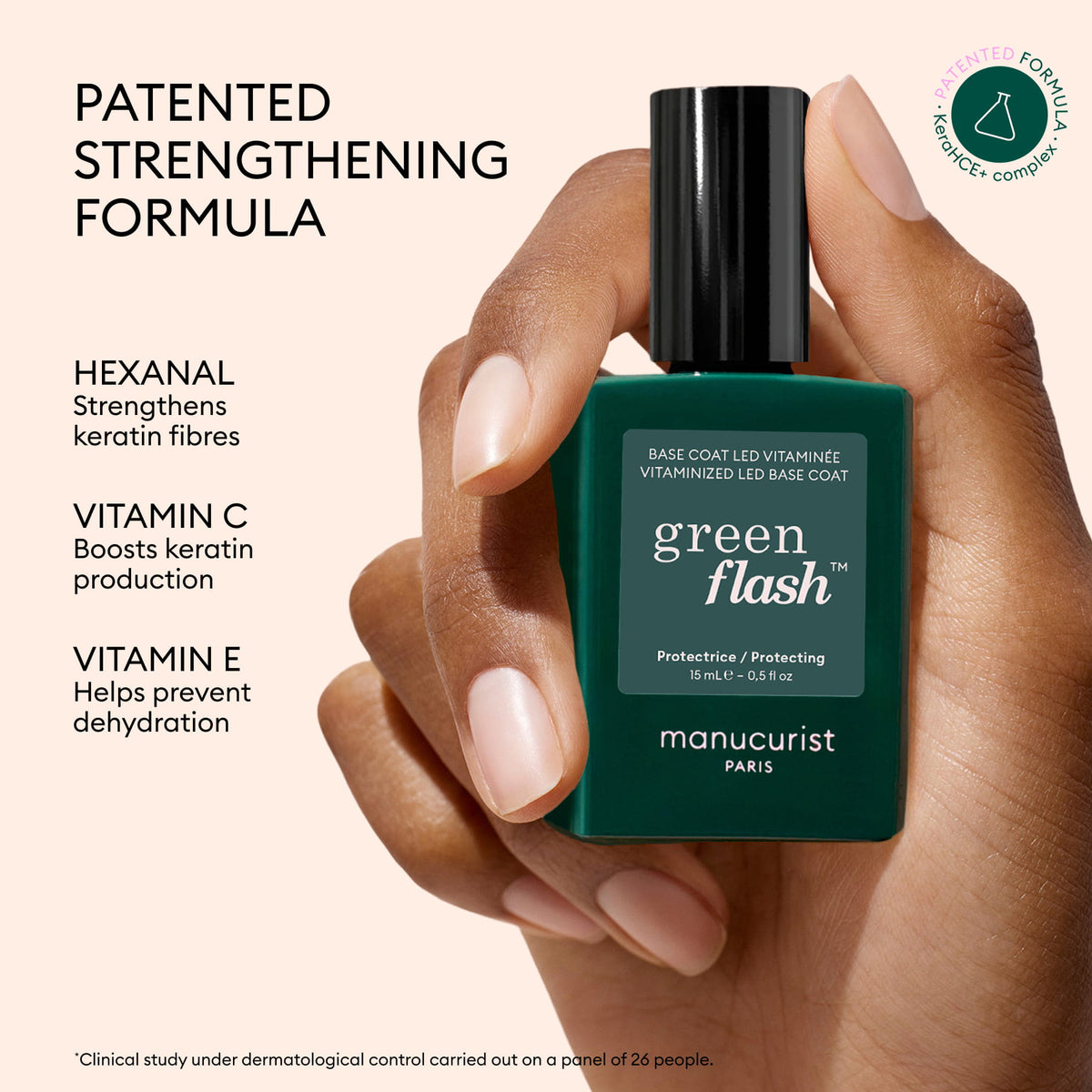 A hand holds a dark green bottle of Manucurist Green Flash™ Starter Kit Gift Set base coat next to text detailing its strengthening ingredients like hexanal, vitamin C, and vitamin E for a long-lasting, salon-style manicure at home.